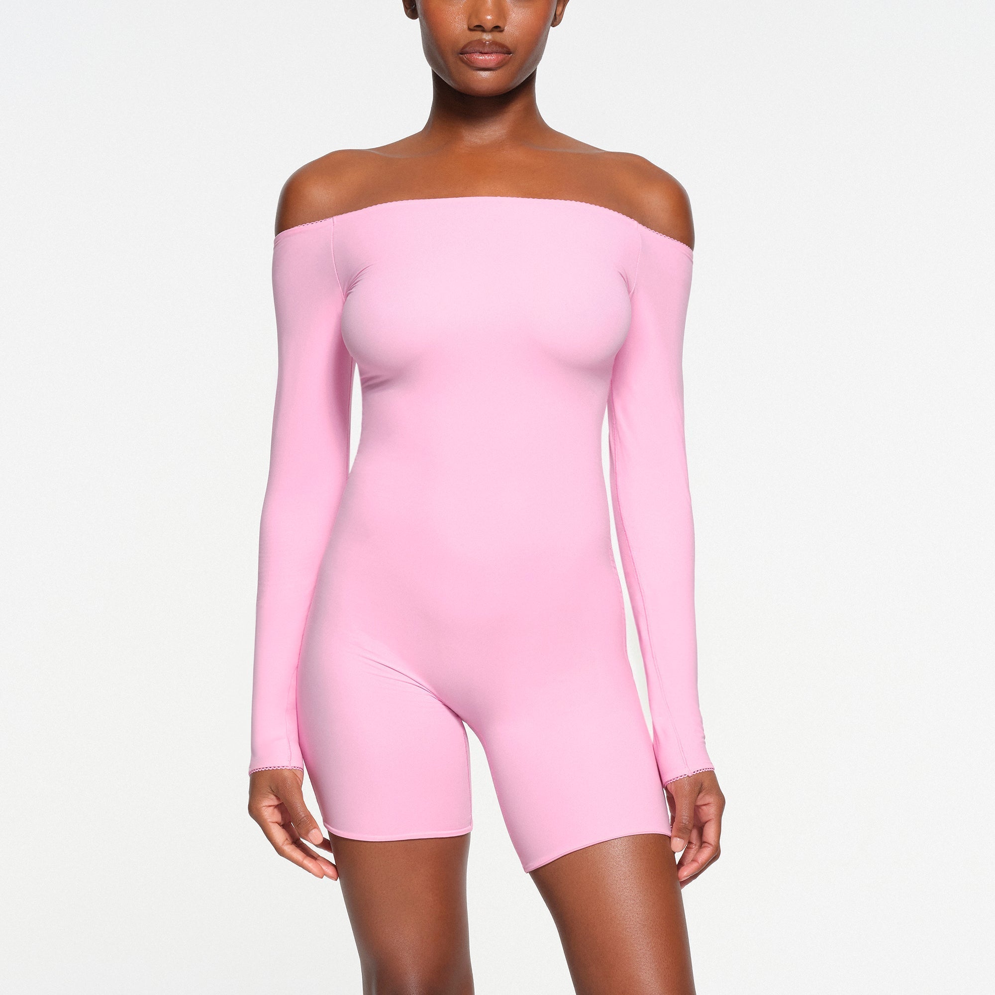SKIMS FITS EVERYBODY PICOT OFF THE SHOULDER ONESIE | BUBBLE GUM