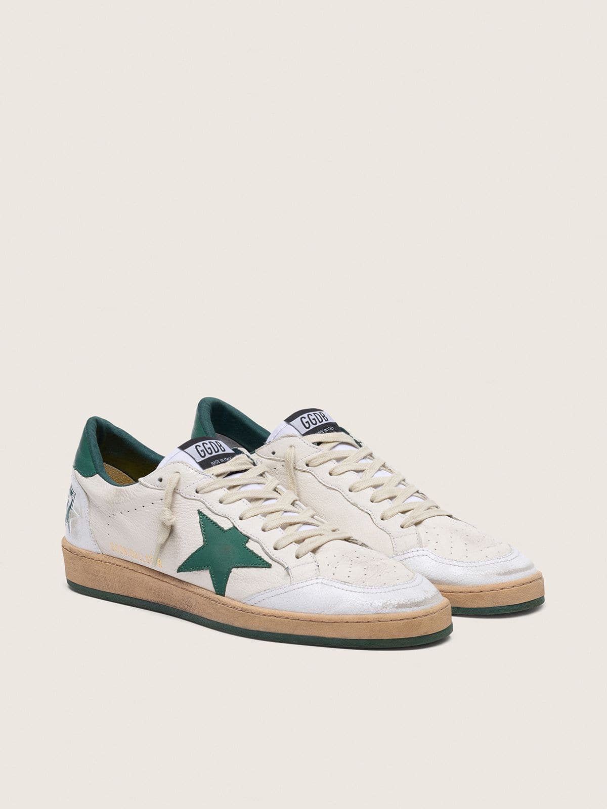 Golden Goose Men's Ball Star in white nappa leather with green leather star and heel tab