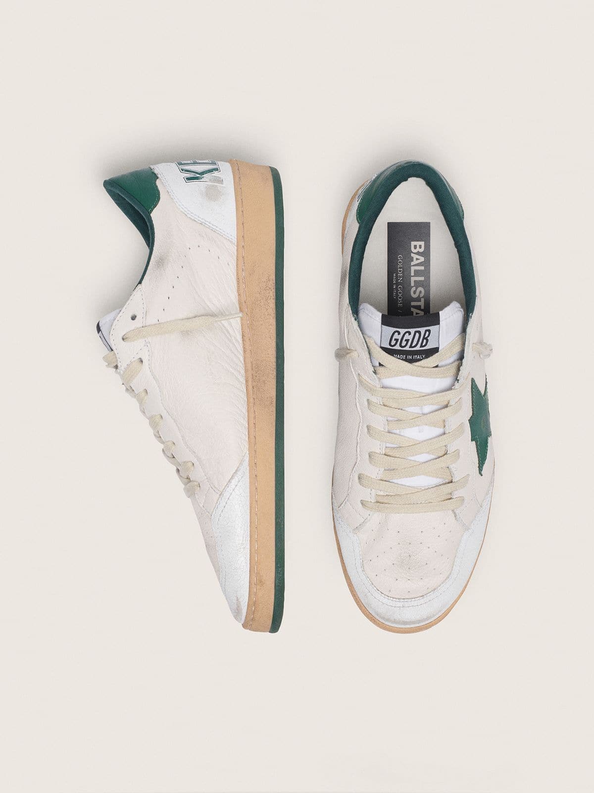 Golden Goose Men's Ball Star in white nappa leather with green leather star and heel tab