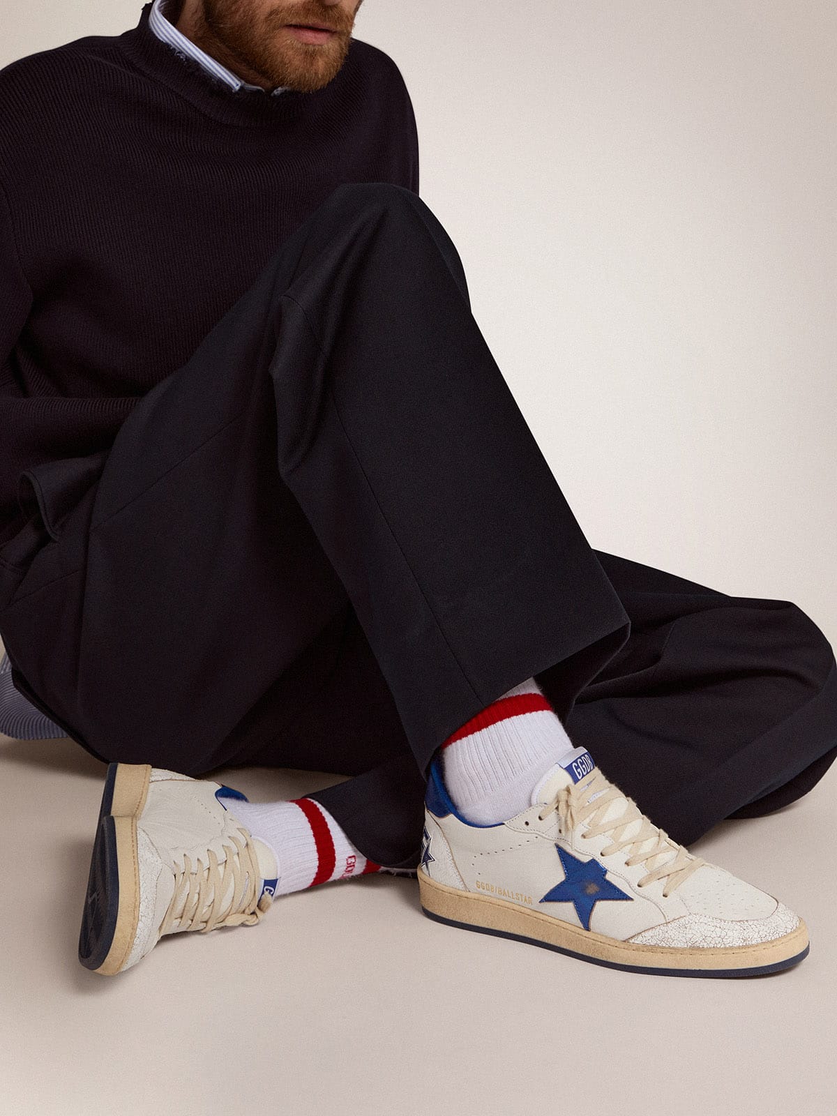Golden Goose Men's Ball Star in white nappa with blue star and heel tab