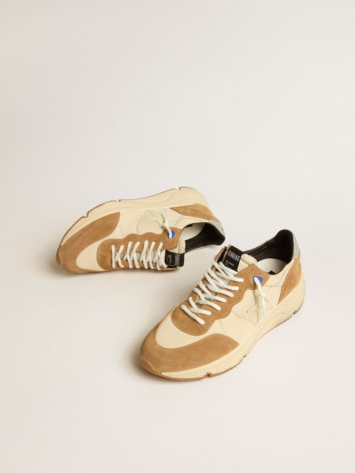 Golden Goose Men's Running Sole in ivory nylon and tobacco suede
