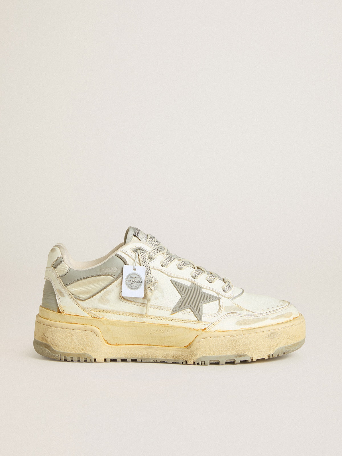 Golden Goose Men’s Forty2 in white leather with laces with Swarovski crystals and gray TPU star