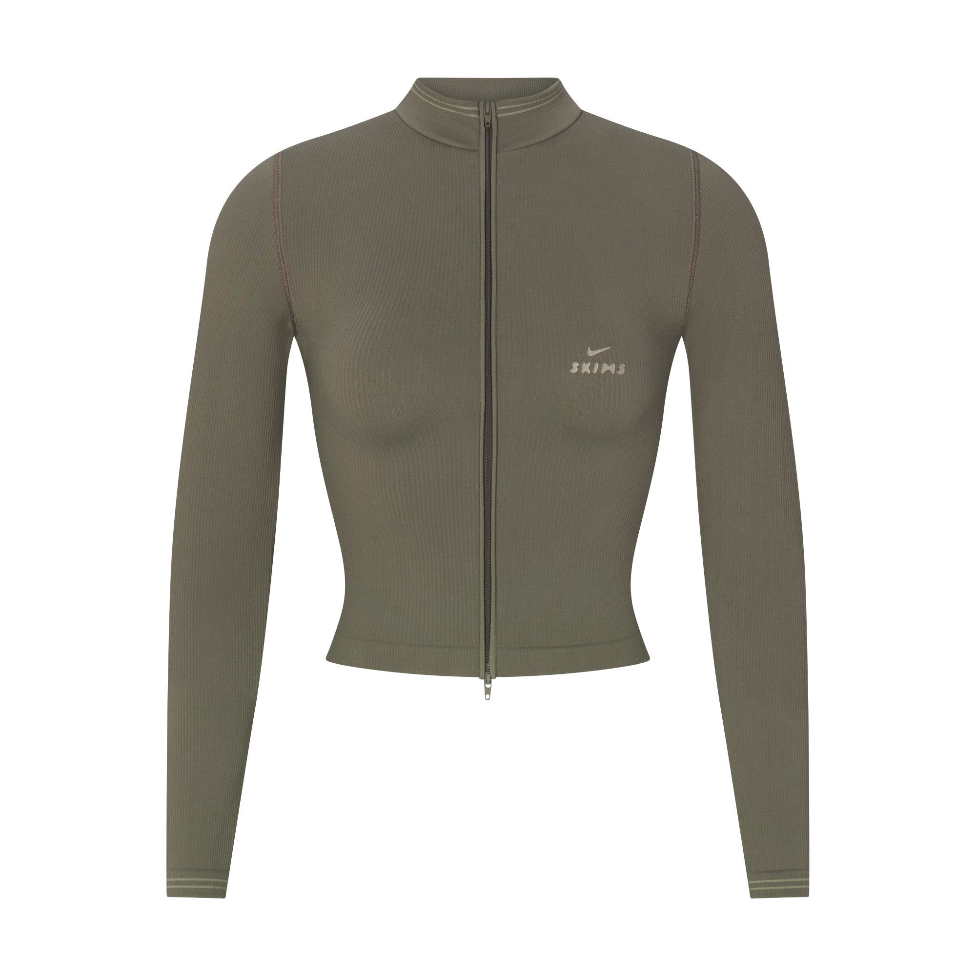 NikeSKIMS RIBBED SEAMLESS ZIP UP CROP JACKET | DUSTY OAKMOSS