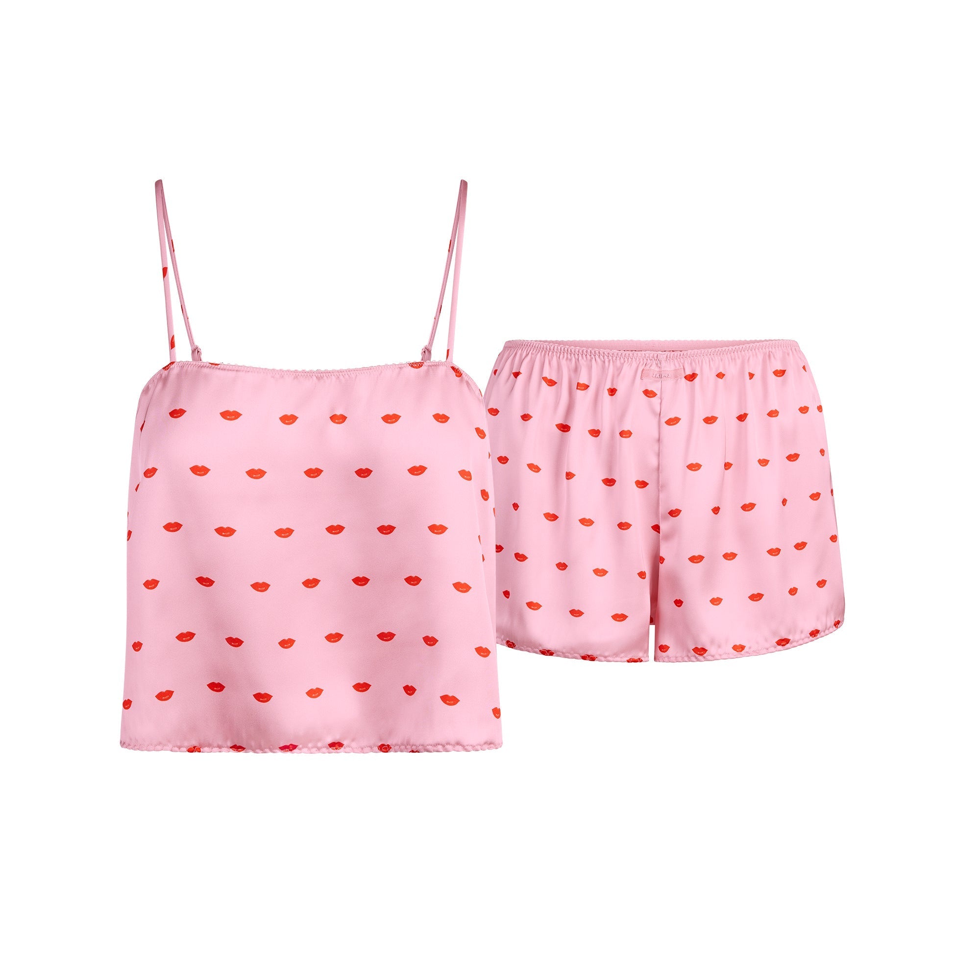 SKIMS WOVEN SHINE CAMI AND SHORT SLEEP SET | HALITE KIMS LIPS PRINT