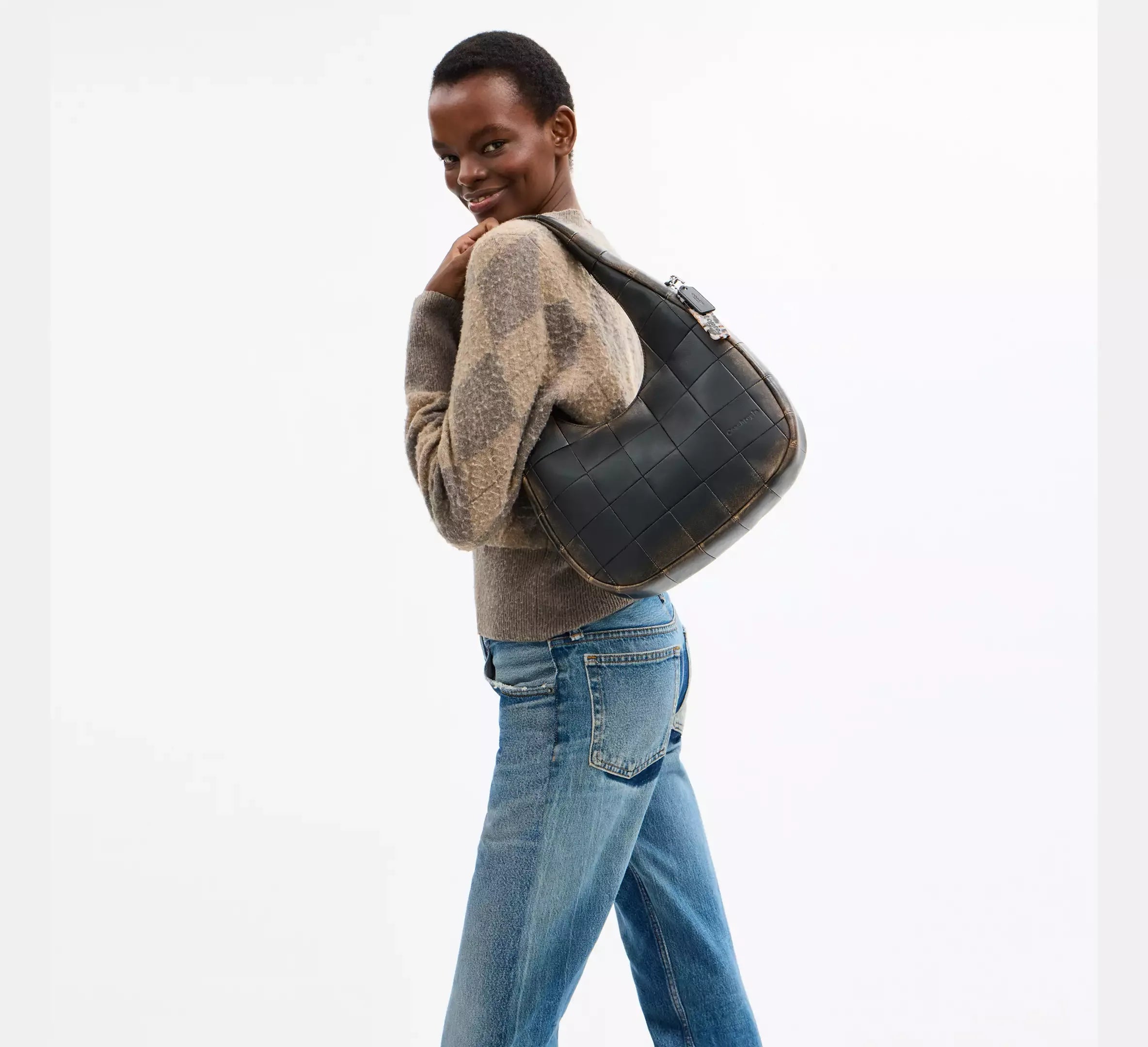 Coach Alter/Ego Crescent Shoulder Bag In Checkerboard Upcrafted Leather - Black/Brown - My Suti