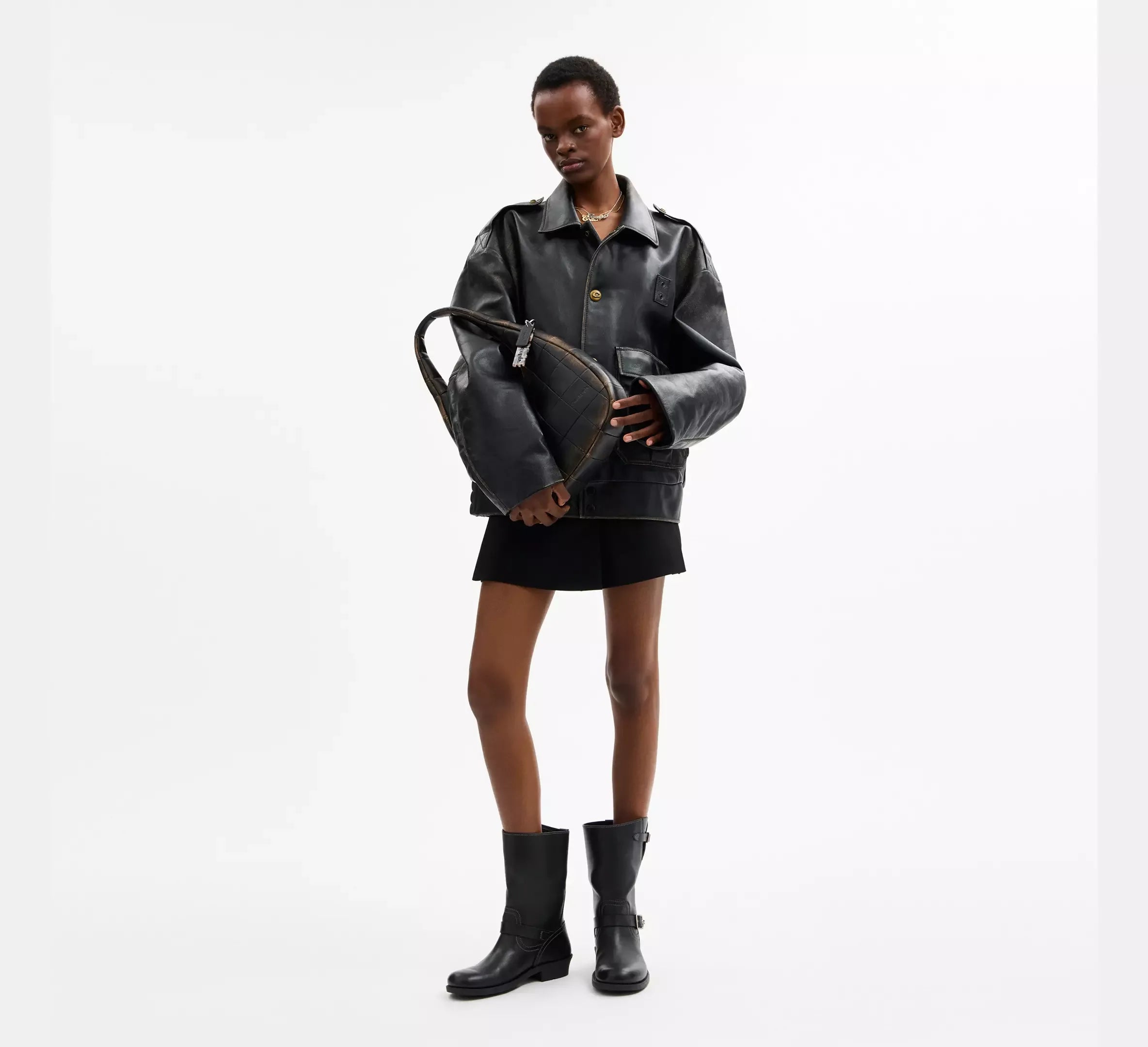 Coach Alter/Ego Crescent Shoulder Bag In Checkerboard Upcrafted Leather - Black/Brown - My Suti