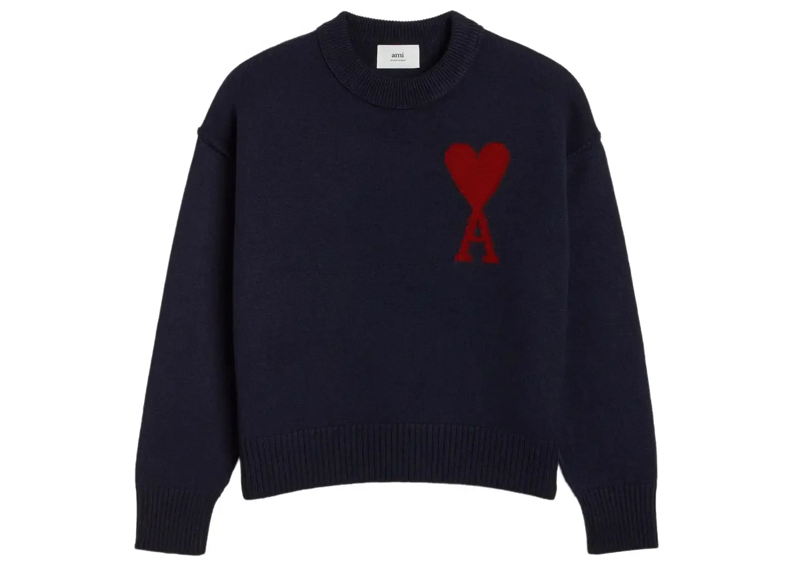 Ami Paris Ami De Coeur Intarsia Logo Jumper Midnight Blue Blood Red - My Suti