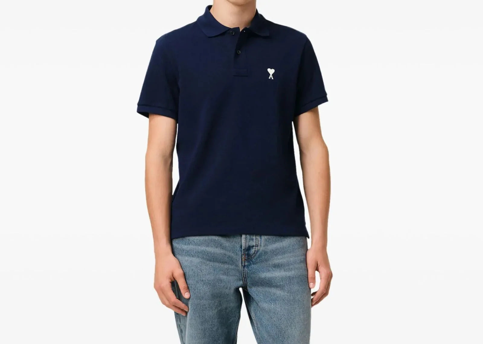 Ami Paris Embroidered Logo Polo T-Shirt Navy Blue - My Suti