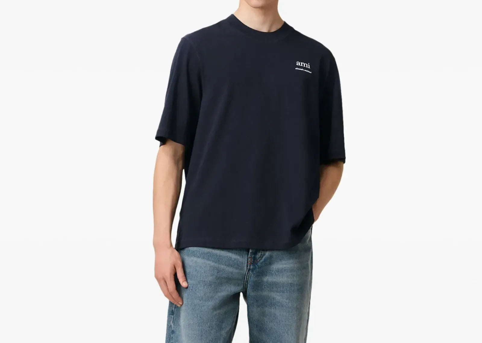 Ami Paris Logo Embroidered T-shirt Navy Blue - My Suti