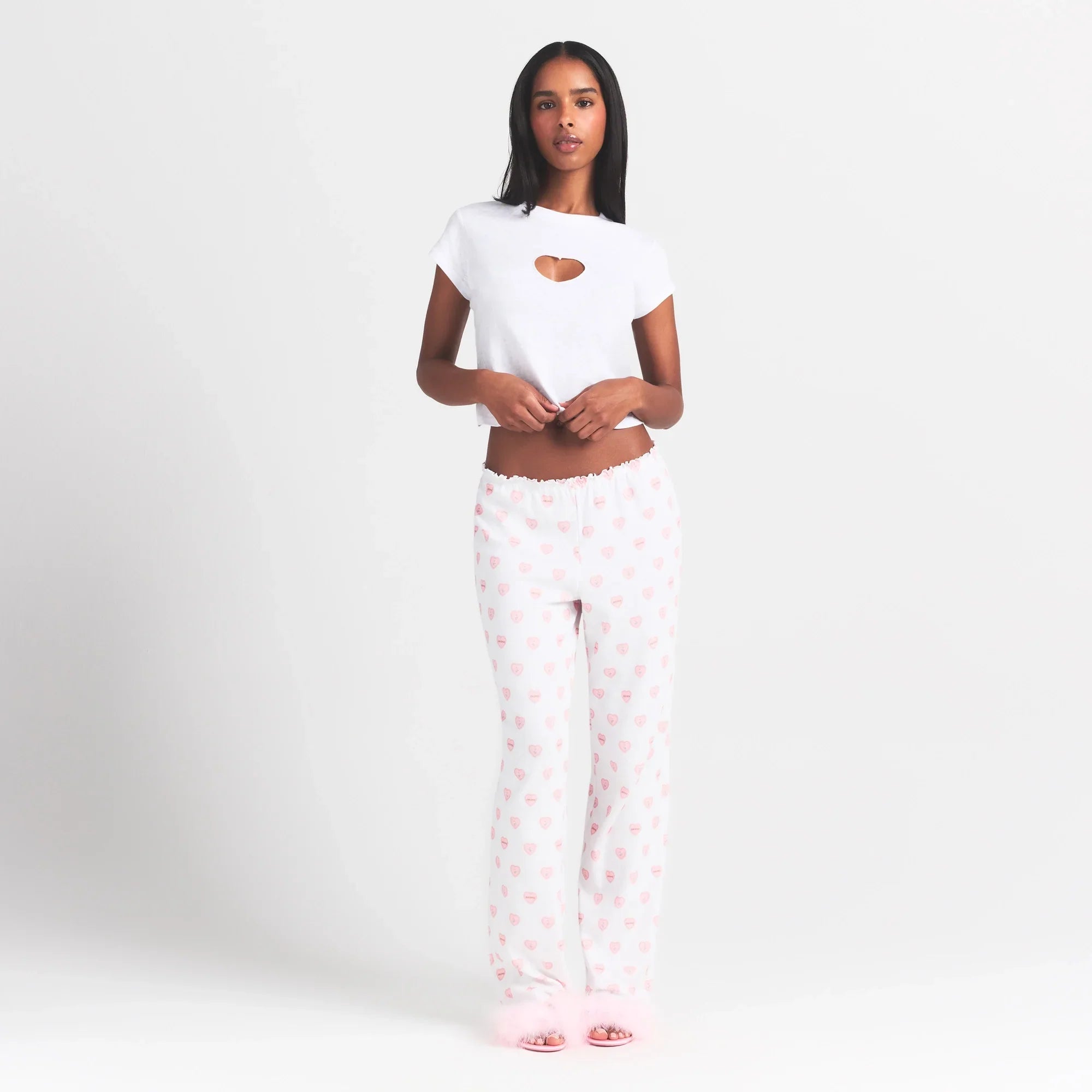 SKIMS LOGO POINTELLE STRAIGHT LEG PANT | SNOW LACE HEARTS