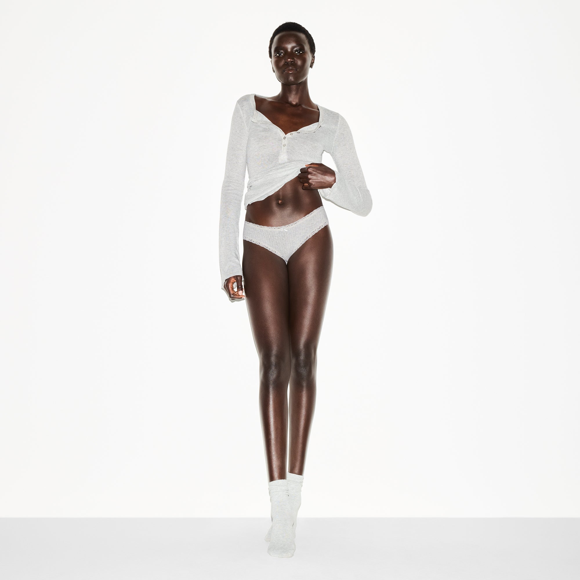 SKIMS LIGHTWEIGHT COTTON POINTELLE LACE BRIEF | LIGHT HEATHER GREY