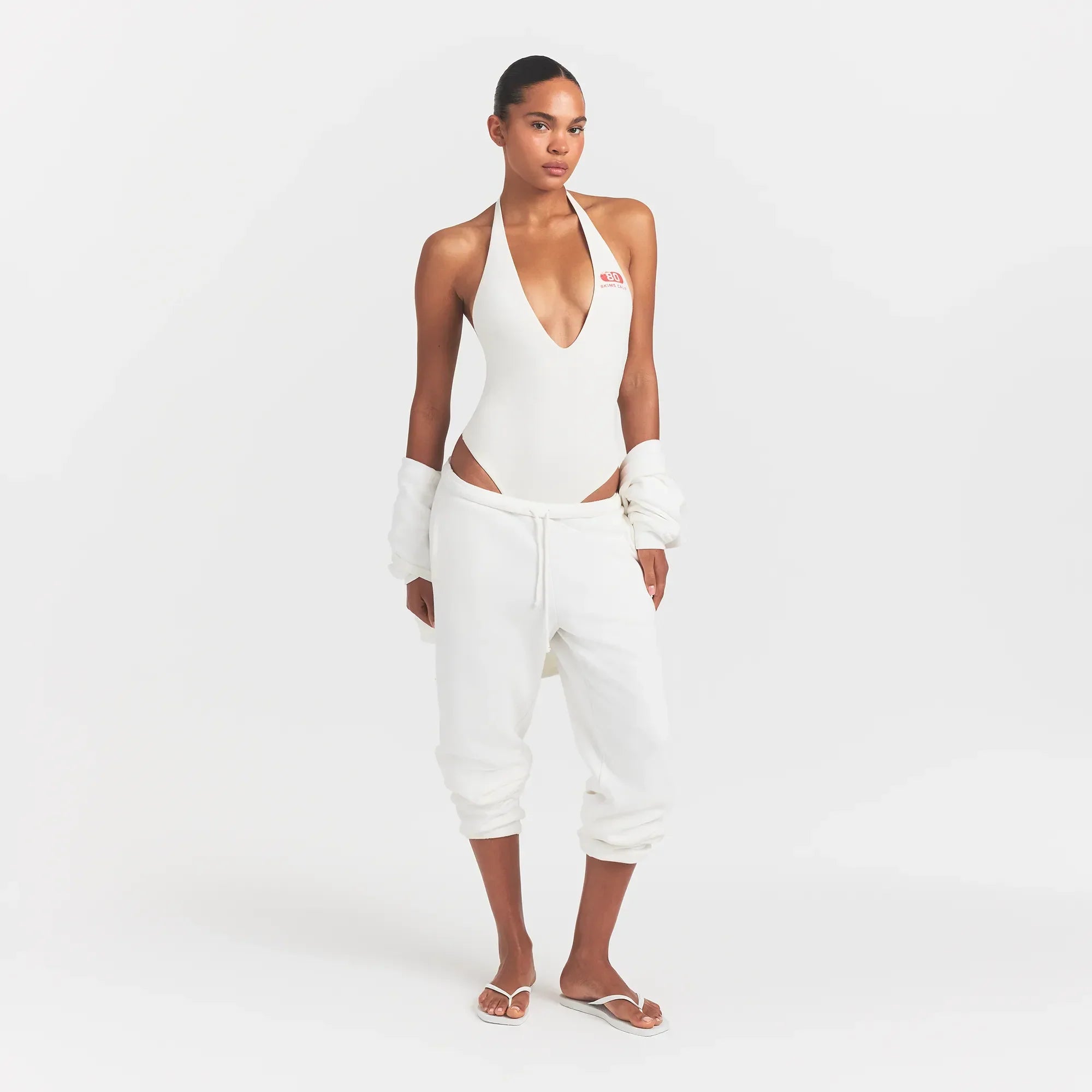 COTTON JERSEY DEEP PLUNGE HALTER BODYSUIT | MARBLE SKIMS EIGHTY