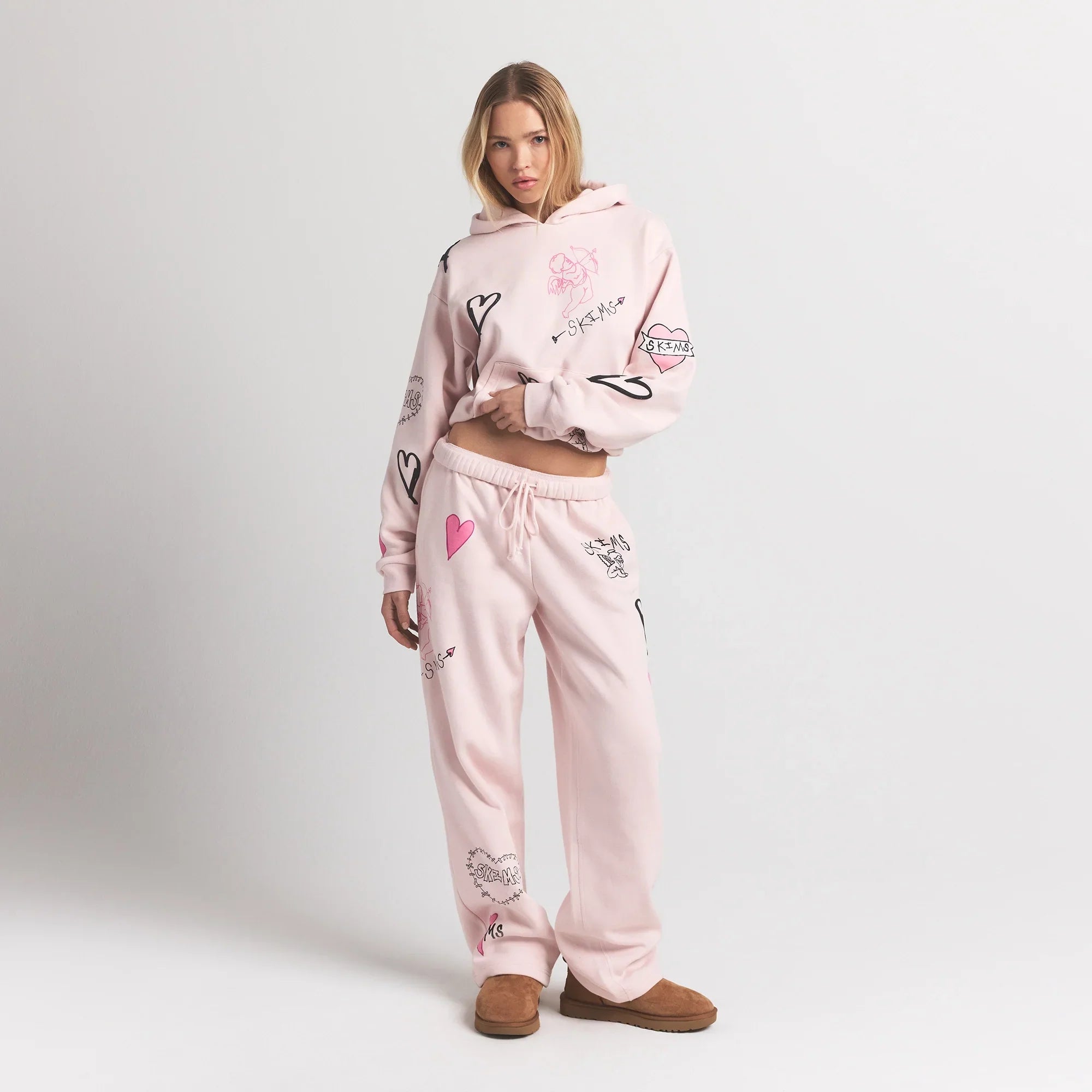 SKIMS COTTON FLEECE CLASSIC STRAIGHT LEG PANT | BARELY PINK ANGEL SKETCH