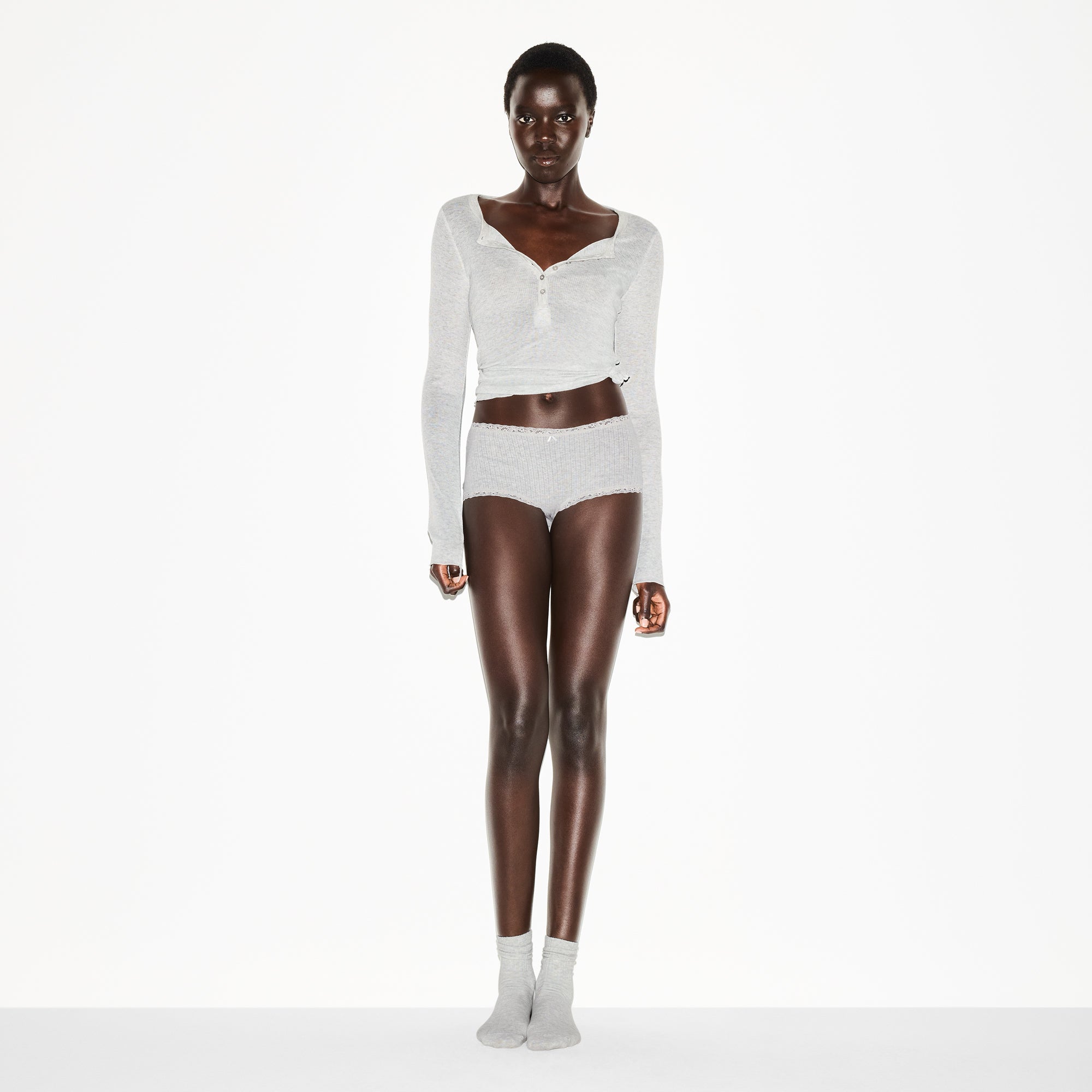 SKIMS LIGHTWEIGHT COTTON POINTELLE LACE BOY SHORT | LIGHT HEATHER GREY