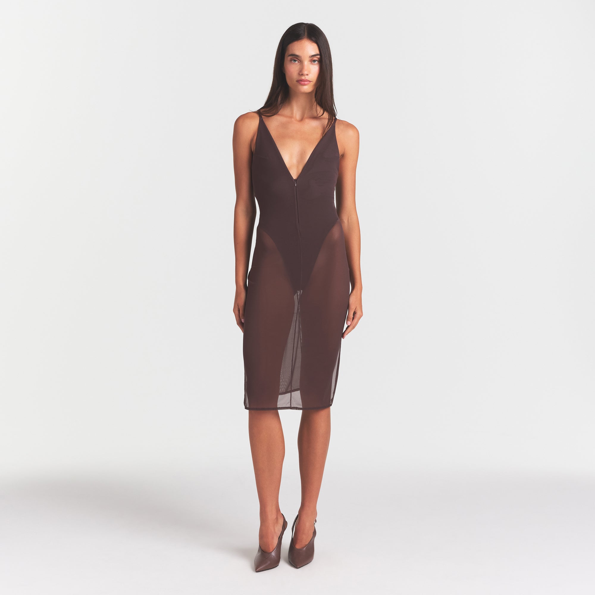 SKIMS BODY MESH PLUNGE MIDI DRESS | RAISIN