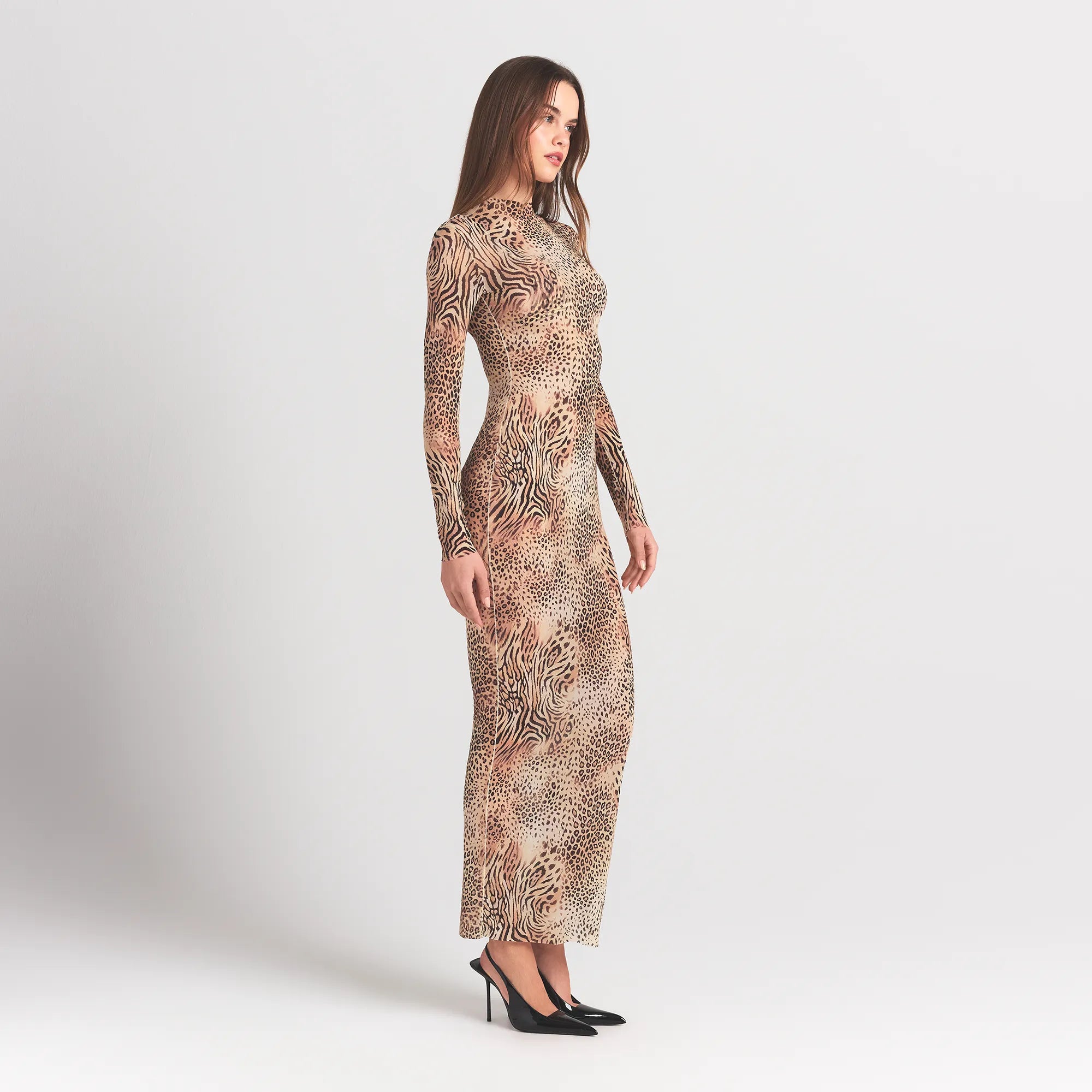 SKIMS MILKY SHEER MOCK NECK LONG SLEEVE LONG DRESS | SAND MULTI ANIMAL