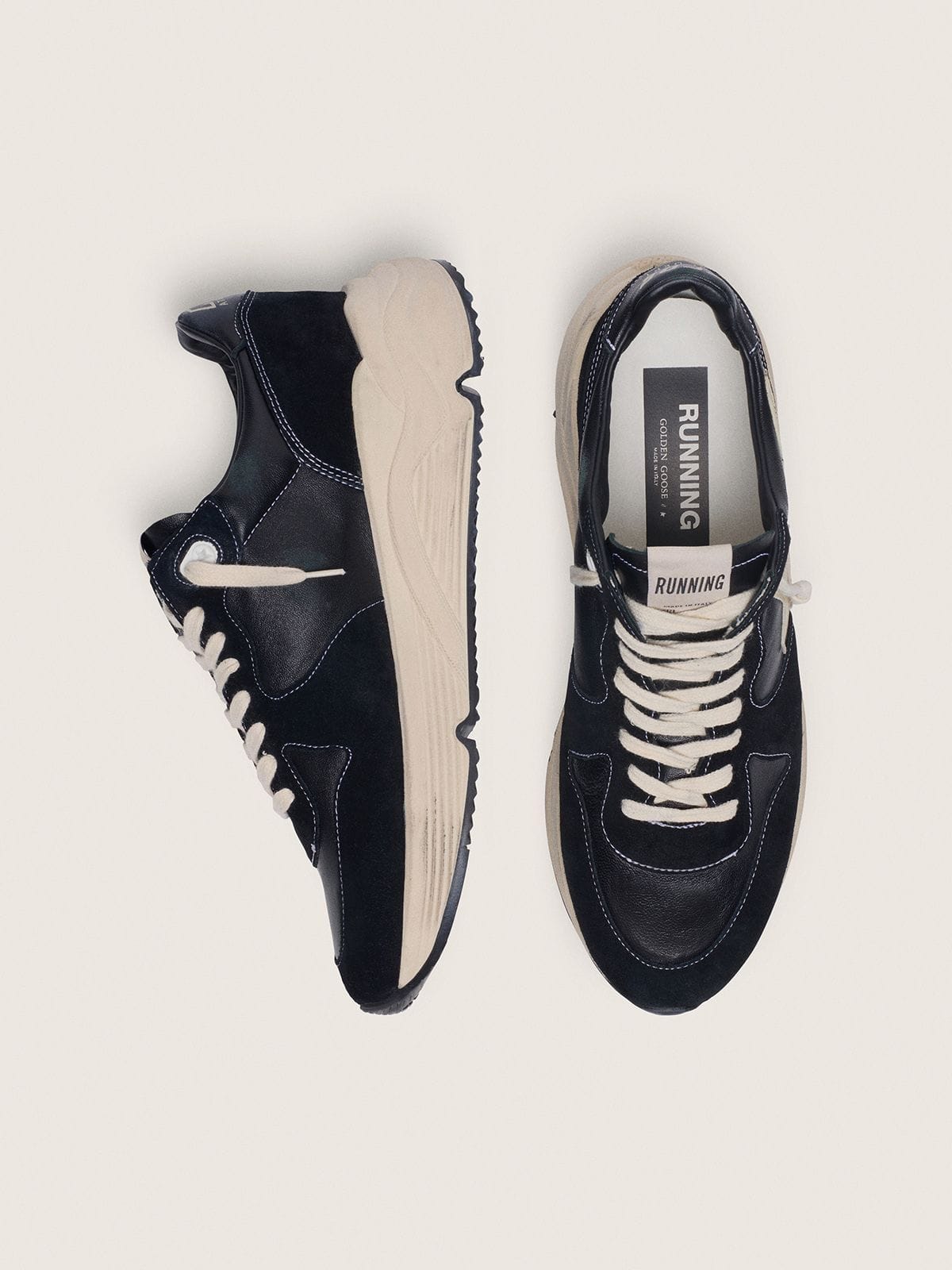 Golden Goose Men’s Running Sole in black nappa leather and suede with a white star
