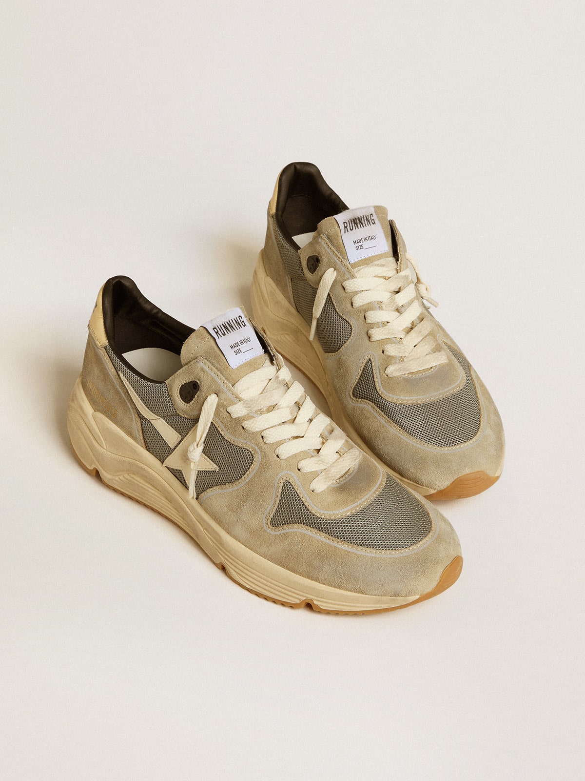 Golden Goose Running Sole in gray suede with white star and white heel tab