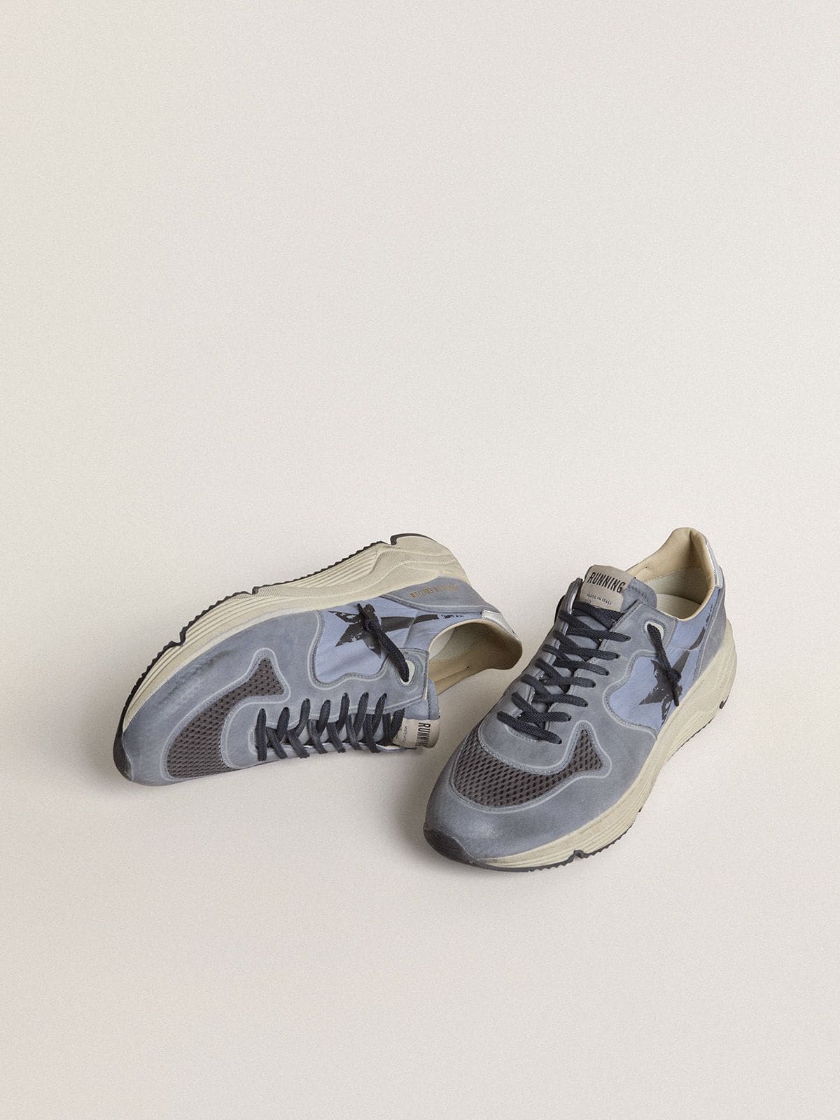 Golden Goose Men's Running Sole in light blue nylon and nubuck with black star