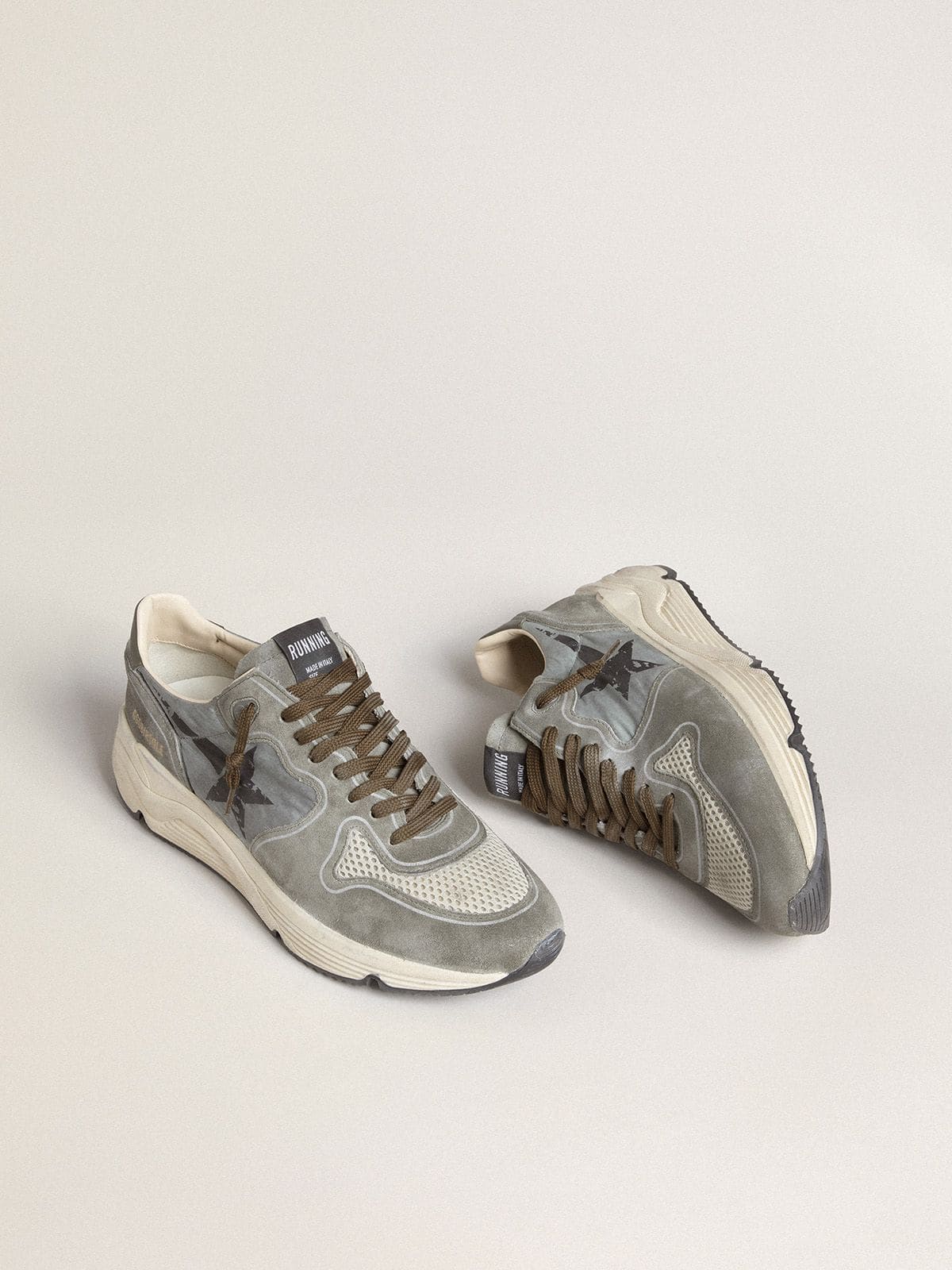 Golden Goose Men's Running Sole in light blue nylon with black star and green leather heel tab