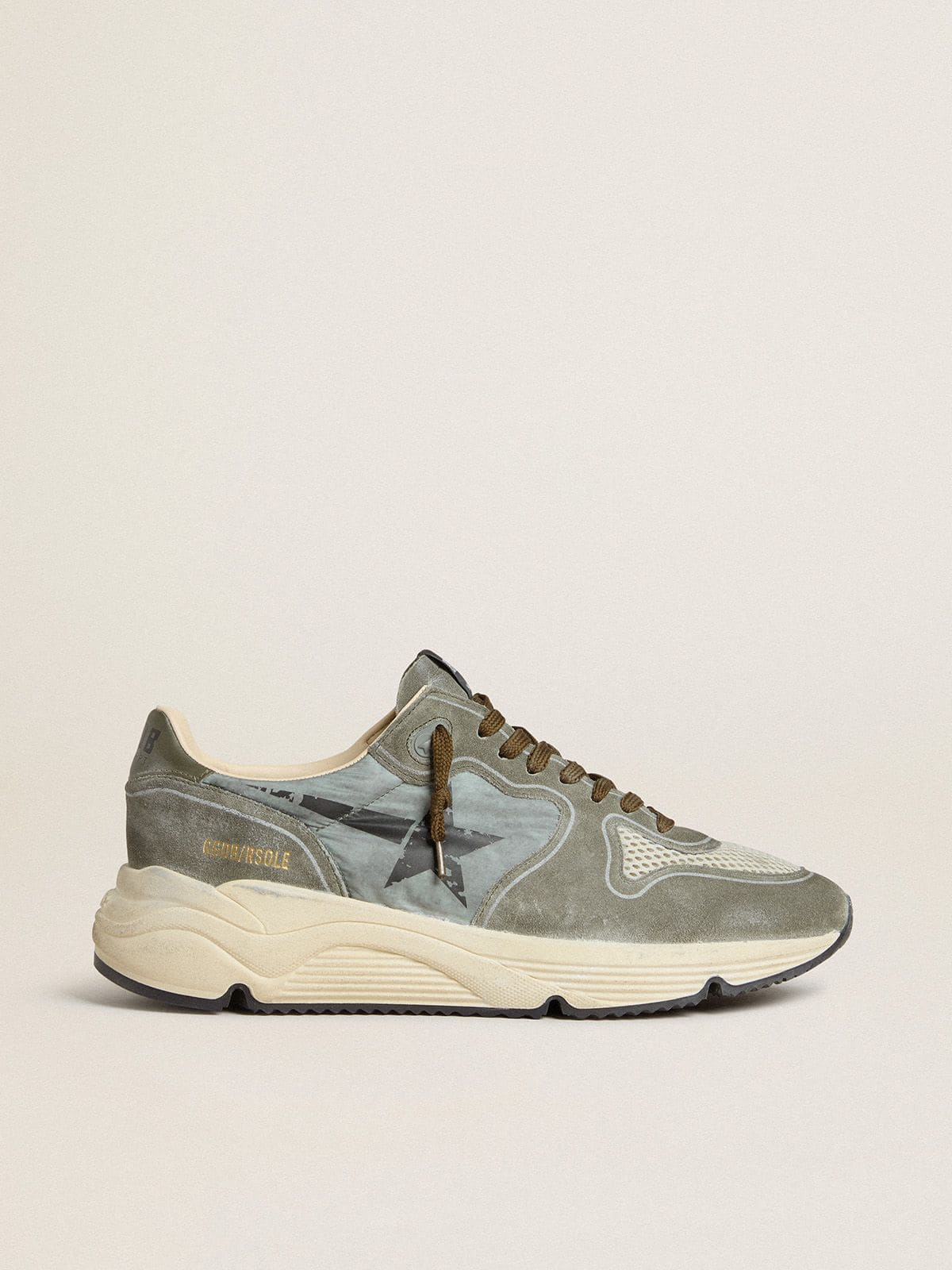 Golden Goose Men's Running Sole in light blue nylon with black star and green leather heel tab