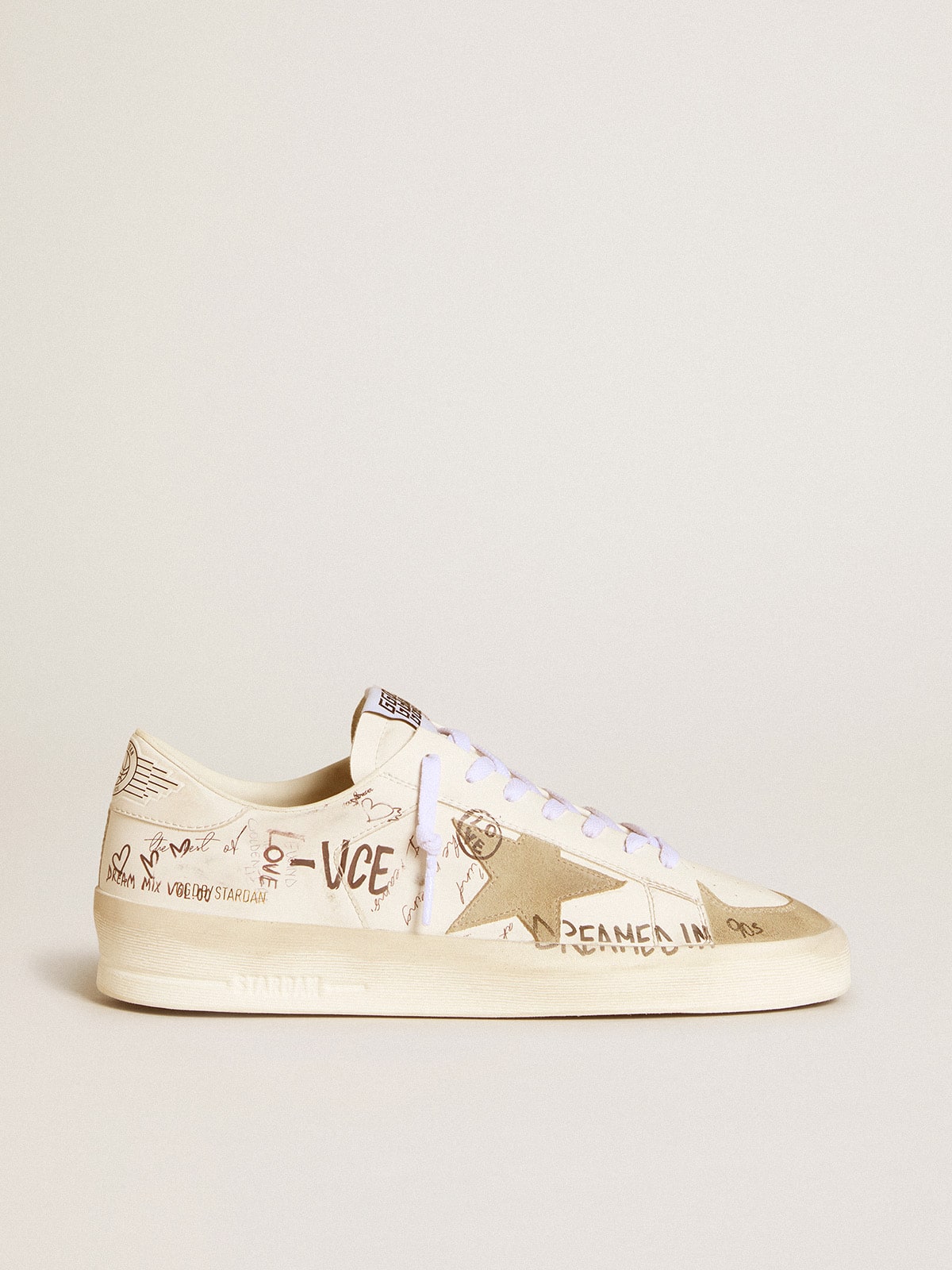 Golden Goose Stardan in leather with all-over lettering and ice-gray suede star