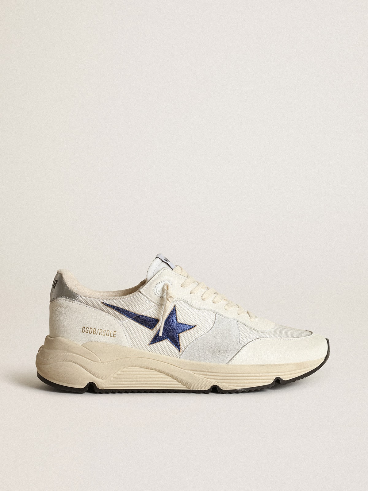 Golden Goose Running Sole in white leather and mesh with blue laminated leather star