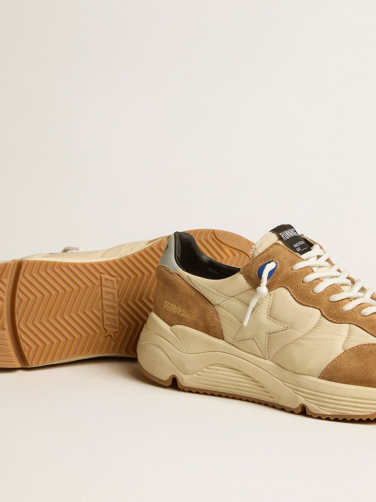Golden Goose Men's Running Sole in ivory nylon and tobacco suede