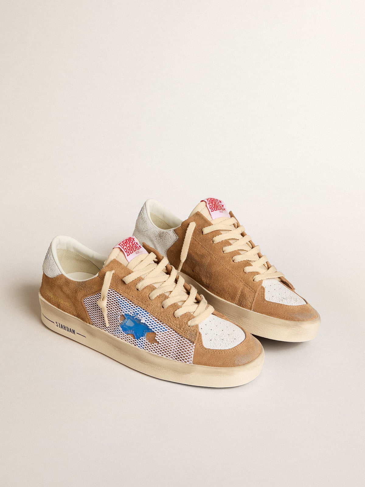 Golden Goose Men's Stardan LTD in tobacco suede and mesh with blue star and leather heel tab