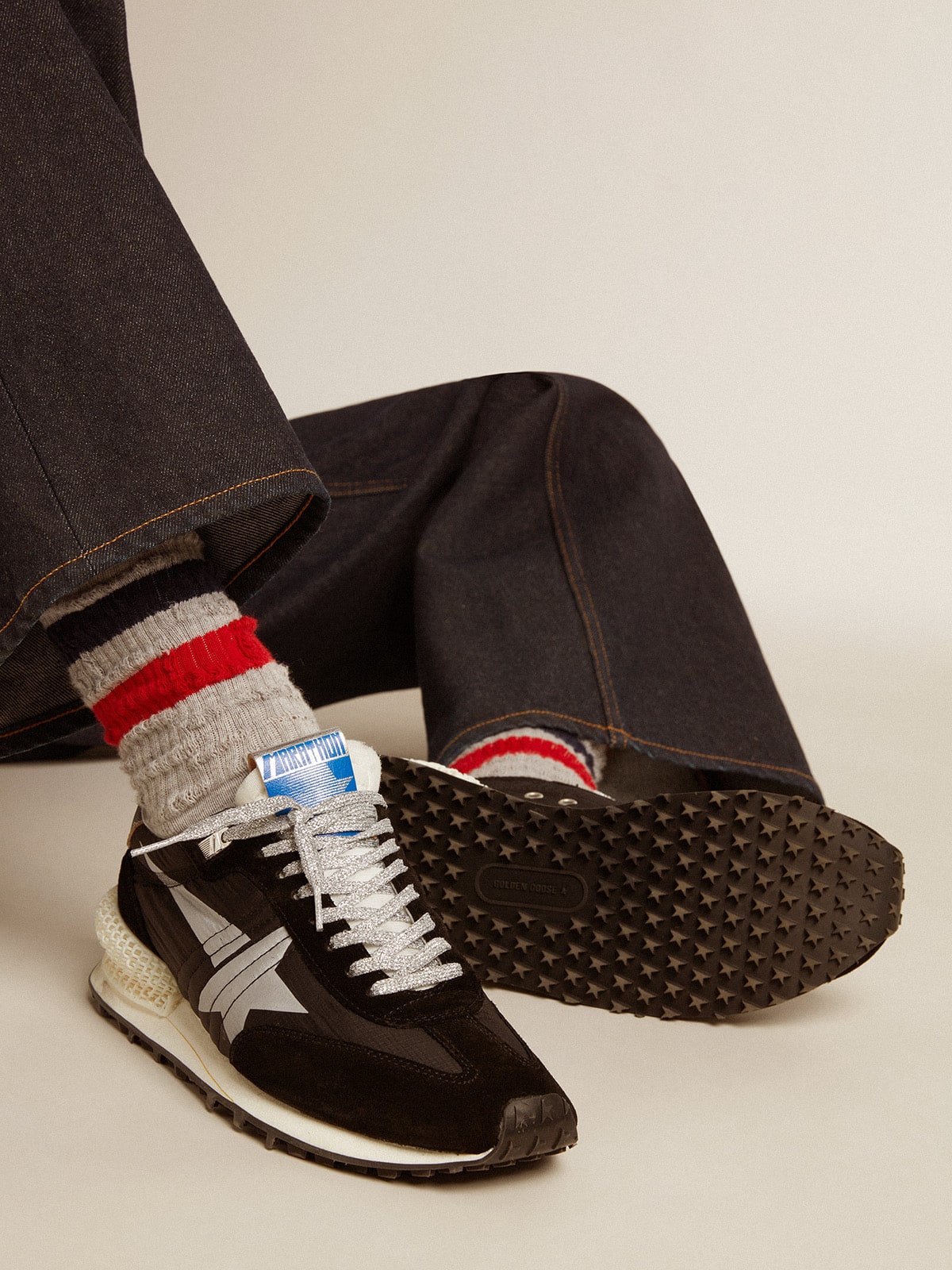 Golden Goose Men’s Marathon with black ripstop nylon upper and silver star