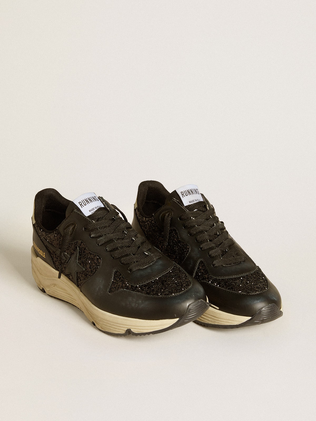 Golden Goose Women's Running Sole in black glitter with leather star and nubuck heel tab