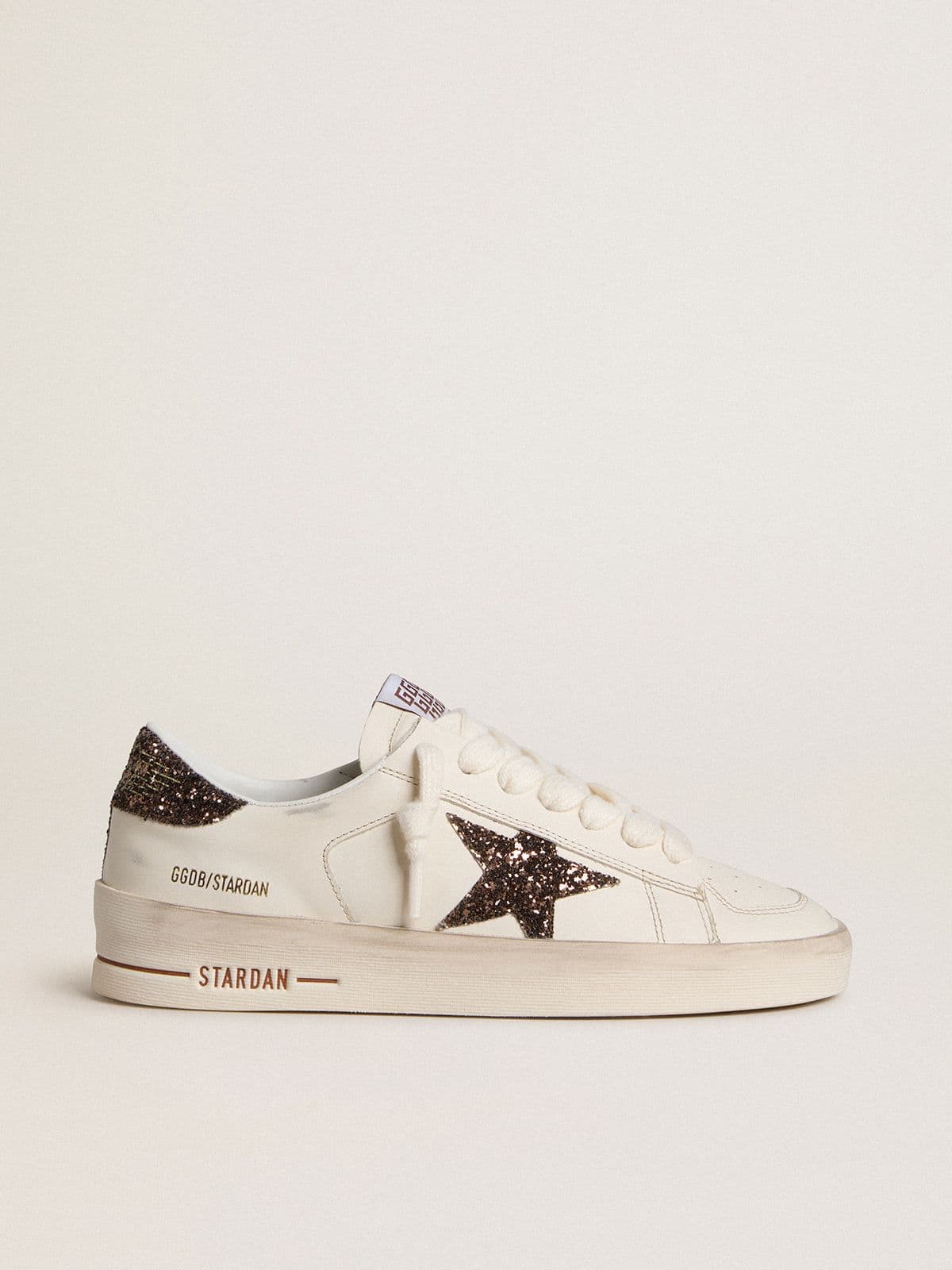 Golden Goose Women's Stardan in white leather with brown glitter star and heel tab