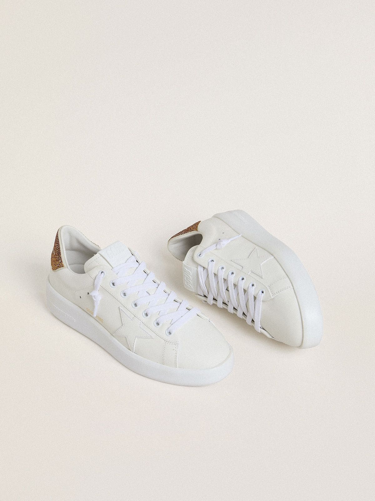 Golden Goose Women’s Purestar with white leather star and brown crystal heel tab