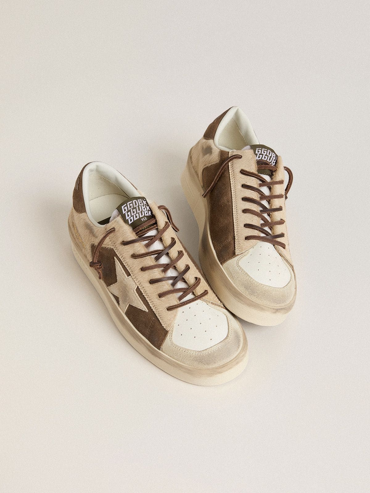 Golden Goose Women’s Stardan in military-green suede and beige pony skin with beige suede star