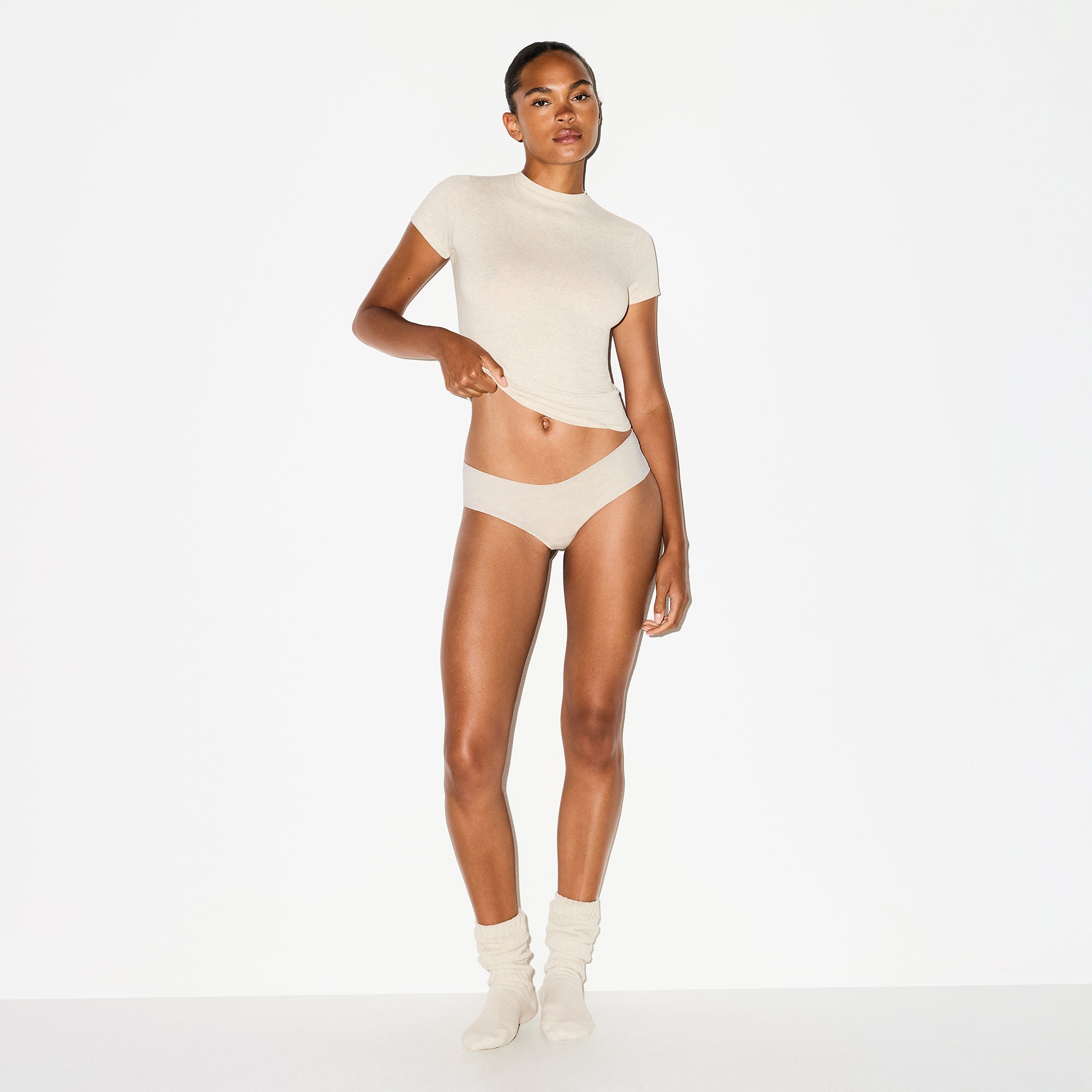 SKIMS LIGHTWEIGHT COTTON RUCHED BACK HIPSTER | OATMEAL HEATHER