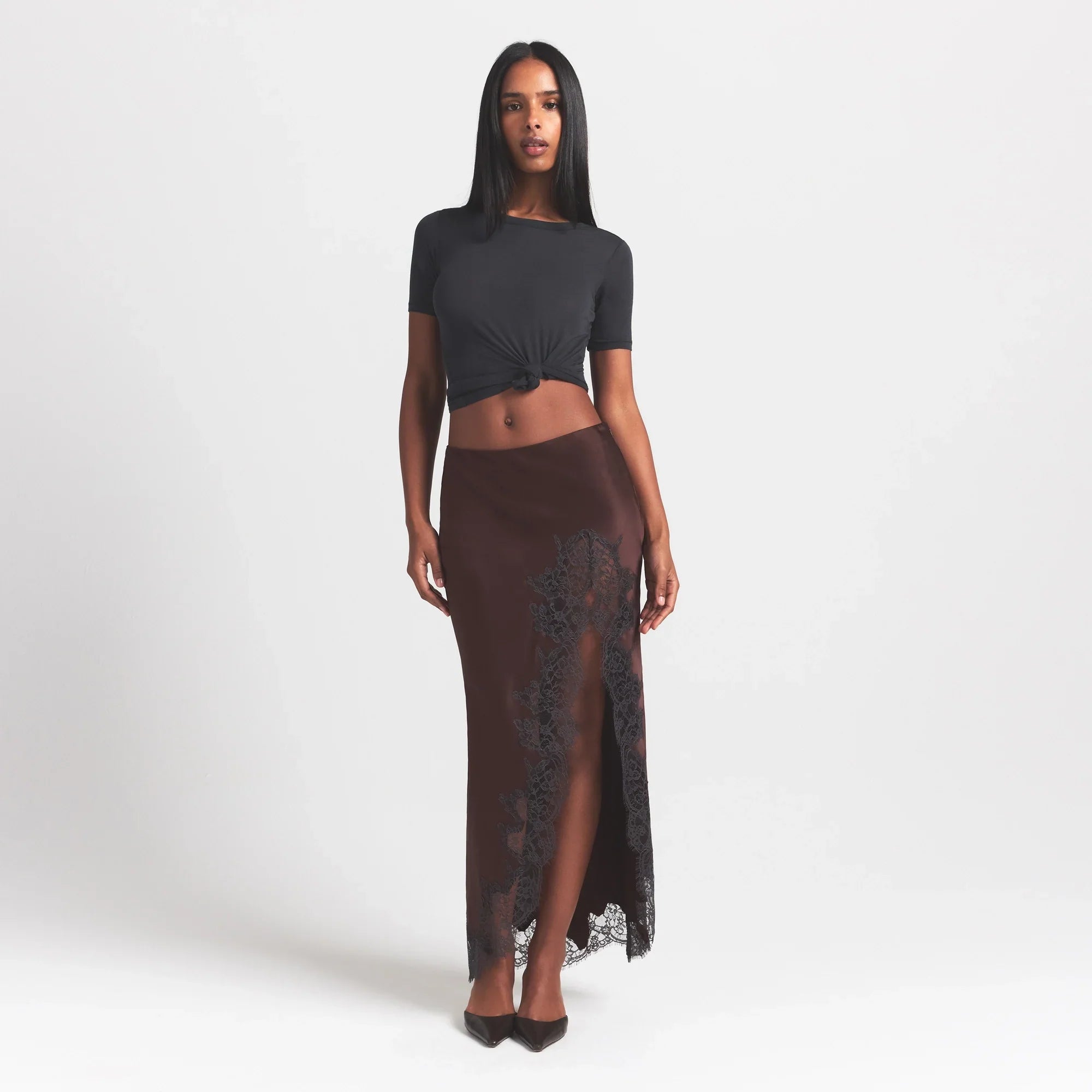 SKIMS SILK LACE SLIP MIDI SKIRT | ESPRESSO CONTRAST