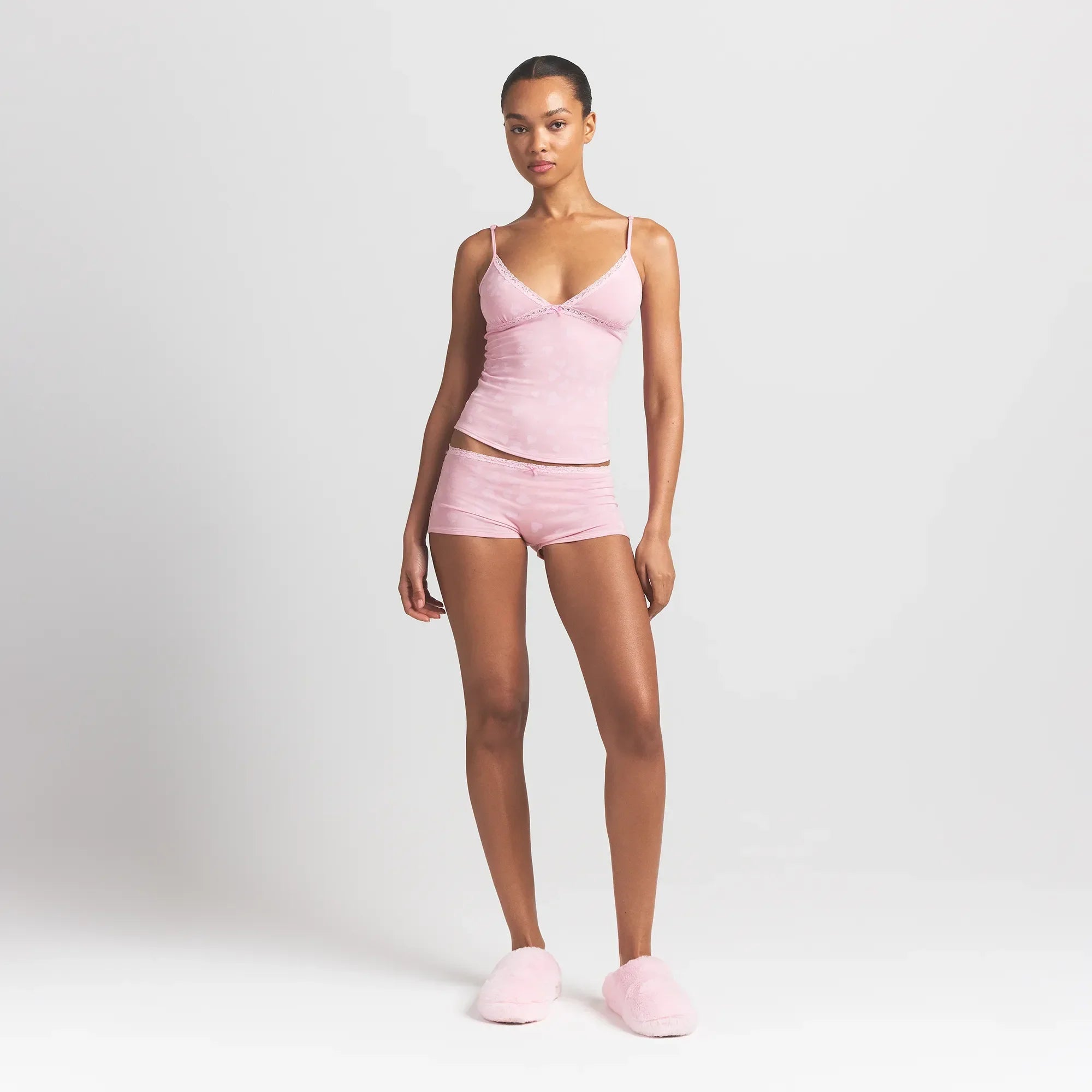 SKIMS LIGHTWEIGHT COTTON LACE CAMI AND BOY SHORT SET | HALITE CLUSTERED HEARTS