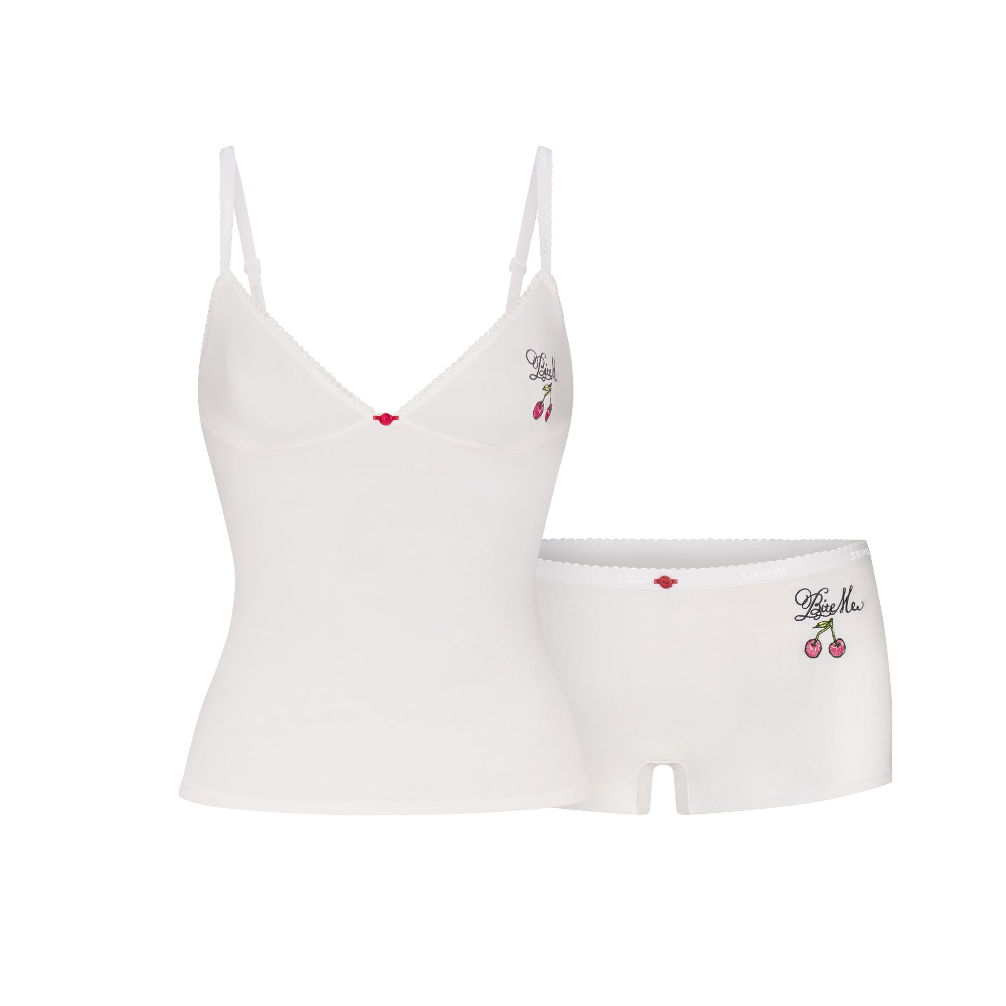 SKIMS LIGHTWEIGHT COTTON LOGO PICOT CAMI AND BOY SHORT SET | SNOW CONTRAST