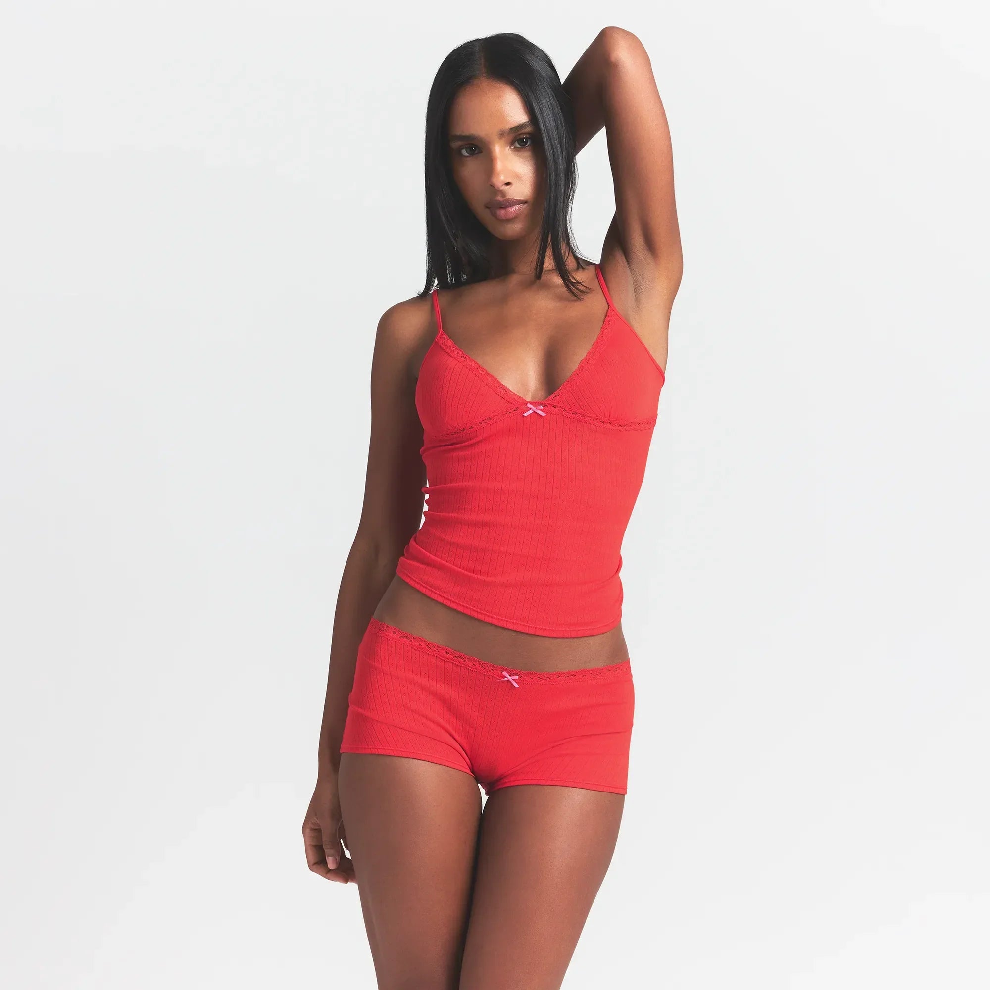 SKIMS LIGHTWEIGHT COTTON POINTELLE LACE CAMI AND BOY SHORT SET | RUBY TONAL