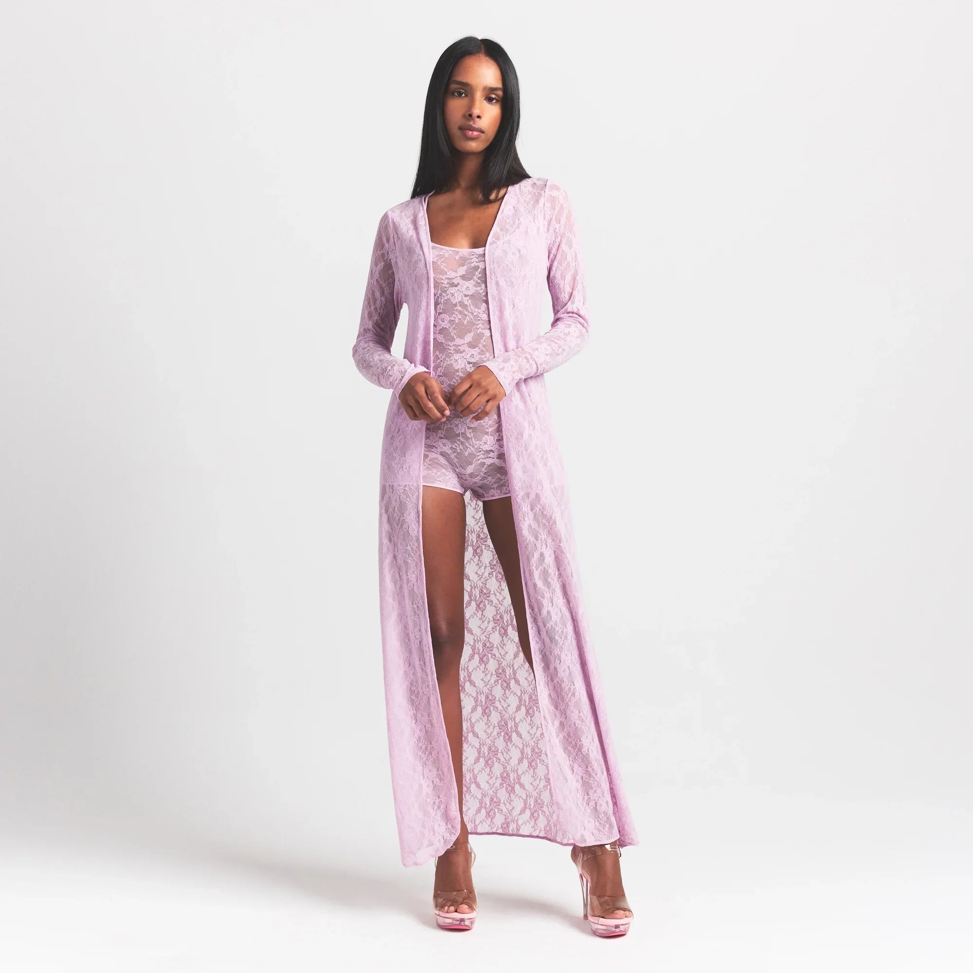 SKIMS STRETCH LACE LONG ROBE | BABY PINK