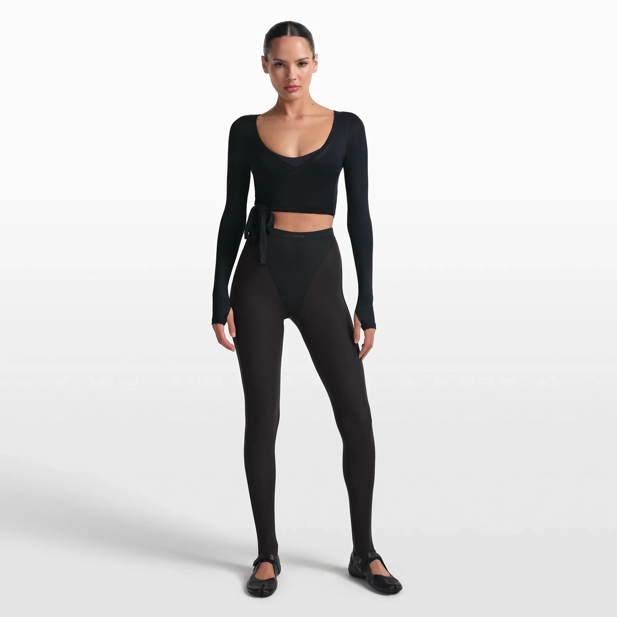 NikeSKIMS STRETCH KNIT WRAP LONG SLEEVE CROPPED TOP | OBSIDIAN