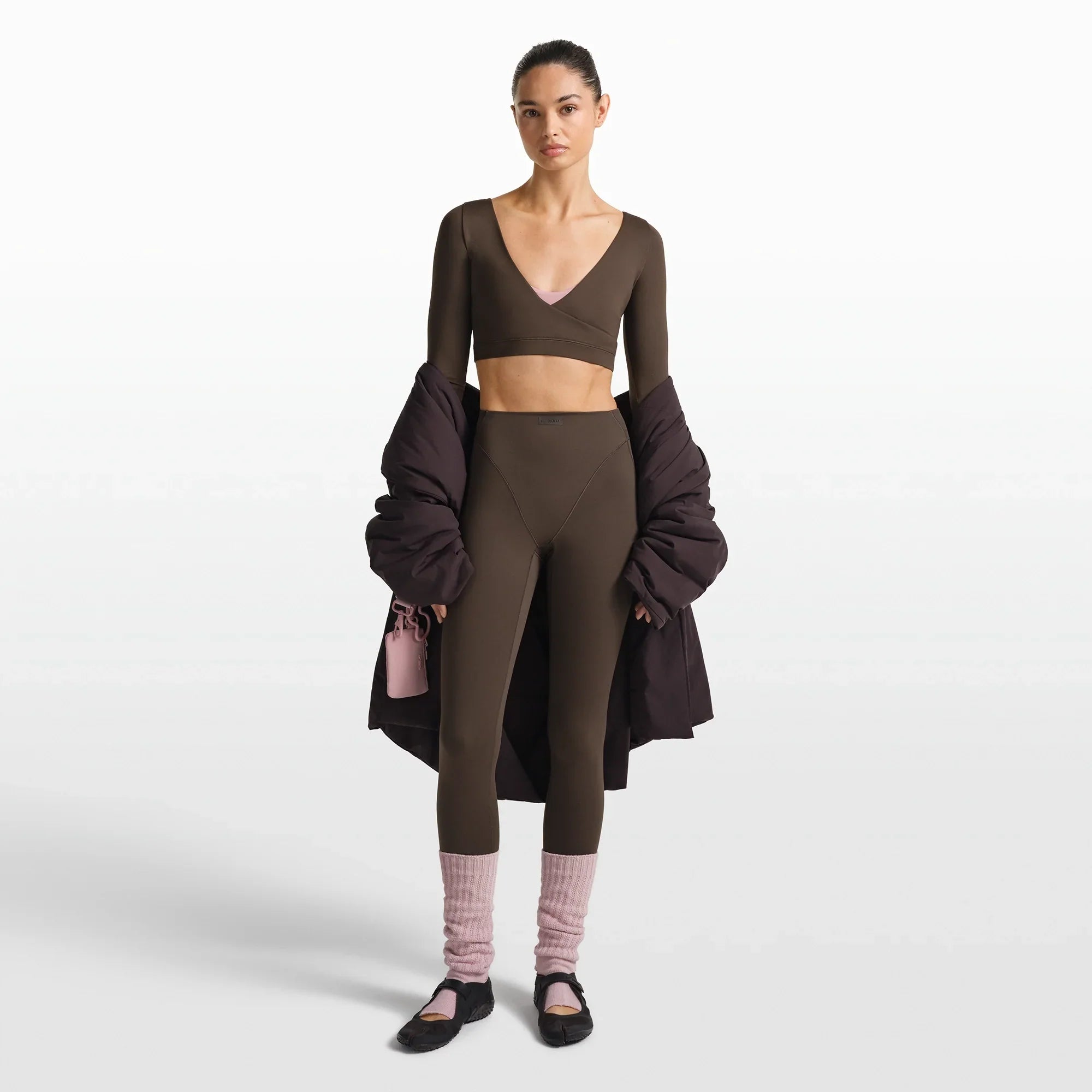 NikeSKIMS MATTE WRAP LONG SLEEVE CROPPED TOP | DARK SEPIA