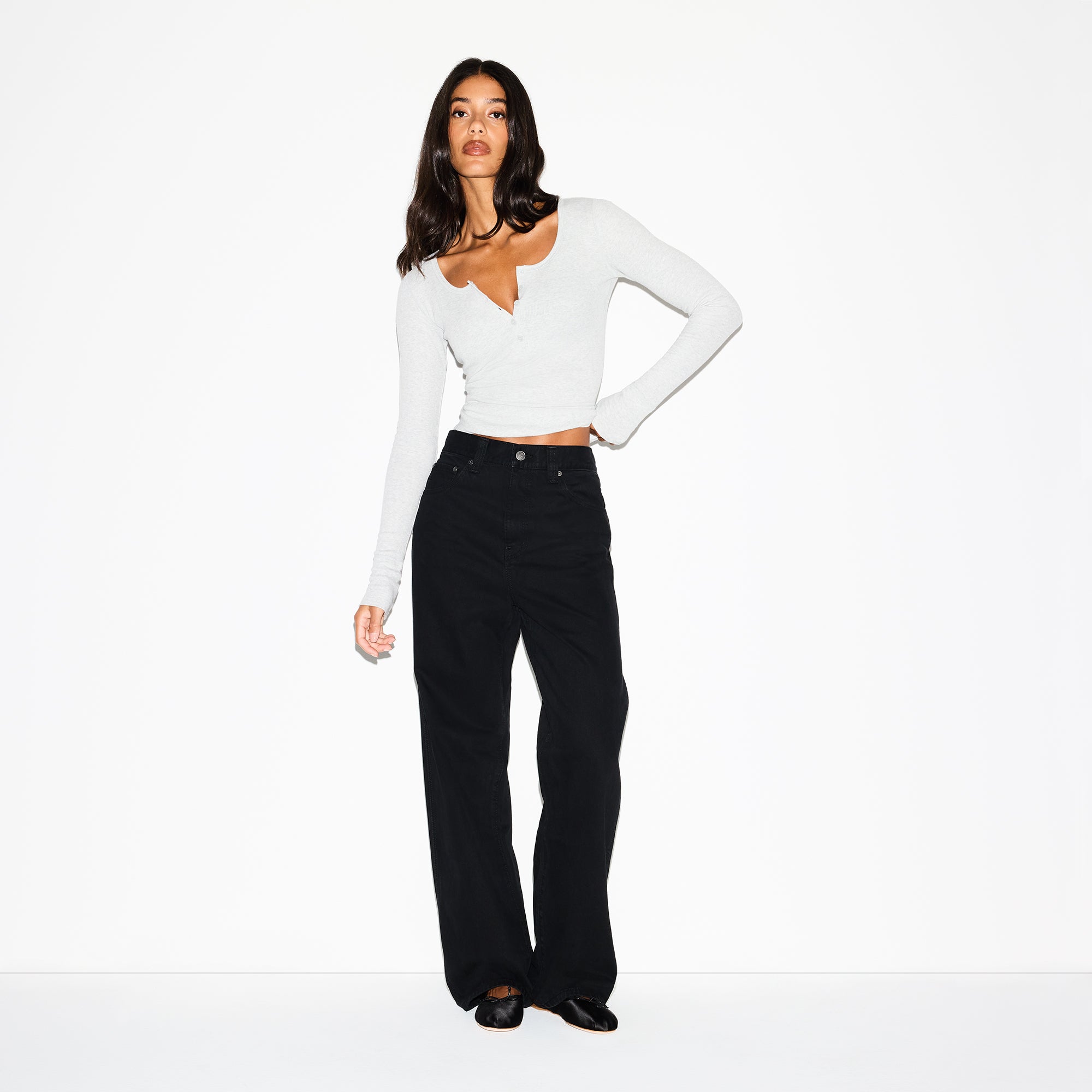 SKIMS COTTON RIB SCOOP NECK HENLEY | LIGHT HEATHER GREY