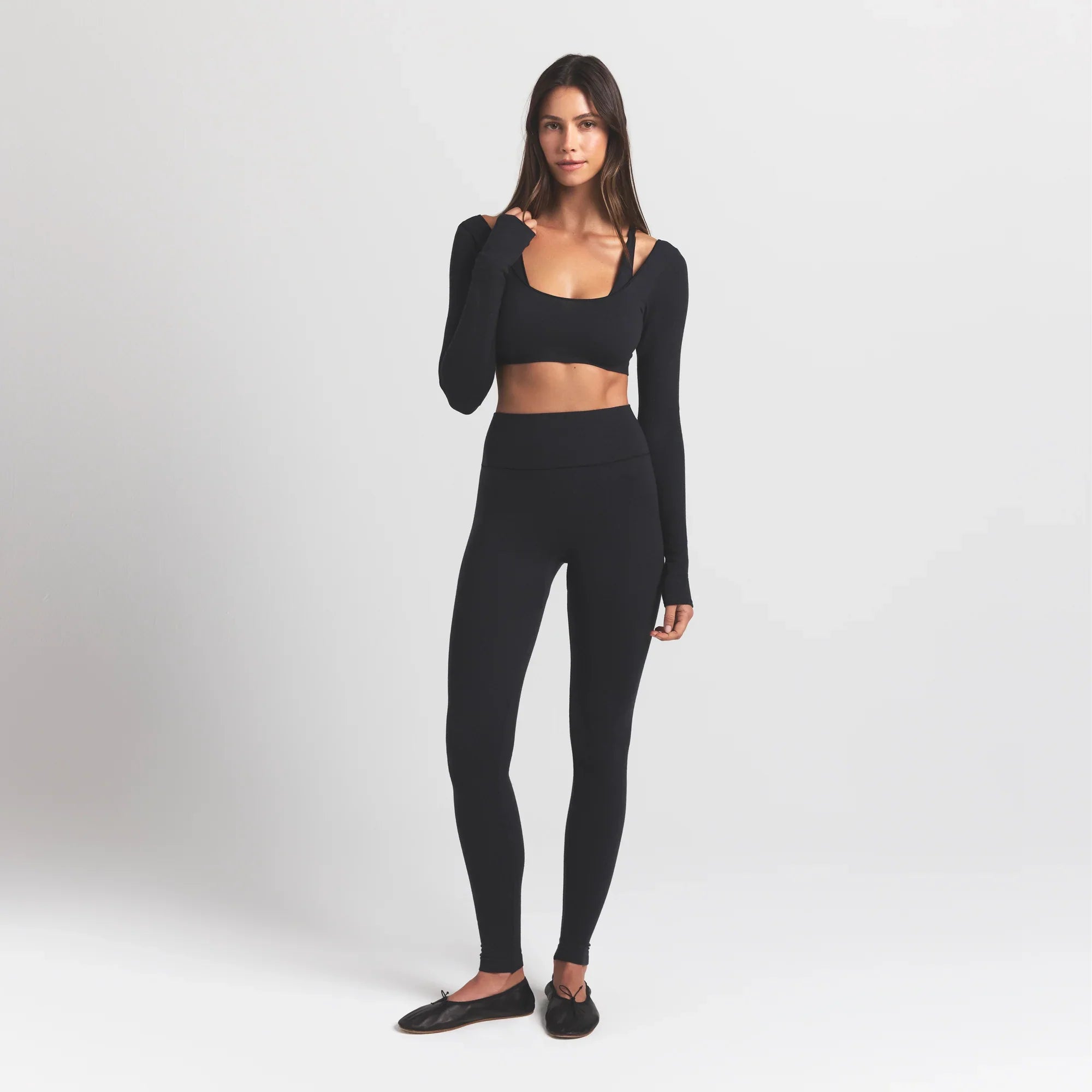SKIMS WOOL RIB LONG SLEEVE SUPER CROPPED TOP | OBSIDIAN