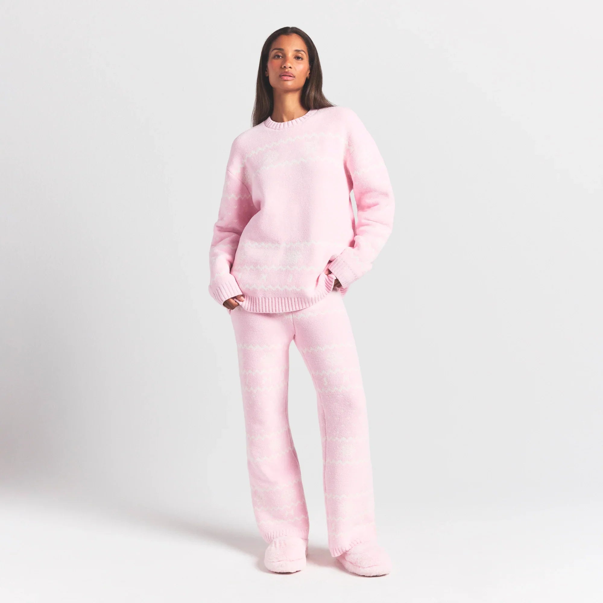 SKIMS COZY LIGHT CREWNECK PULLOVER | BABY PINK HEART FAIR ISLE