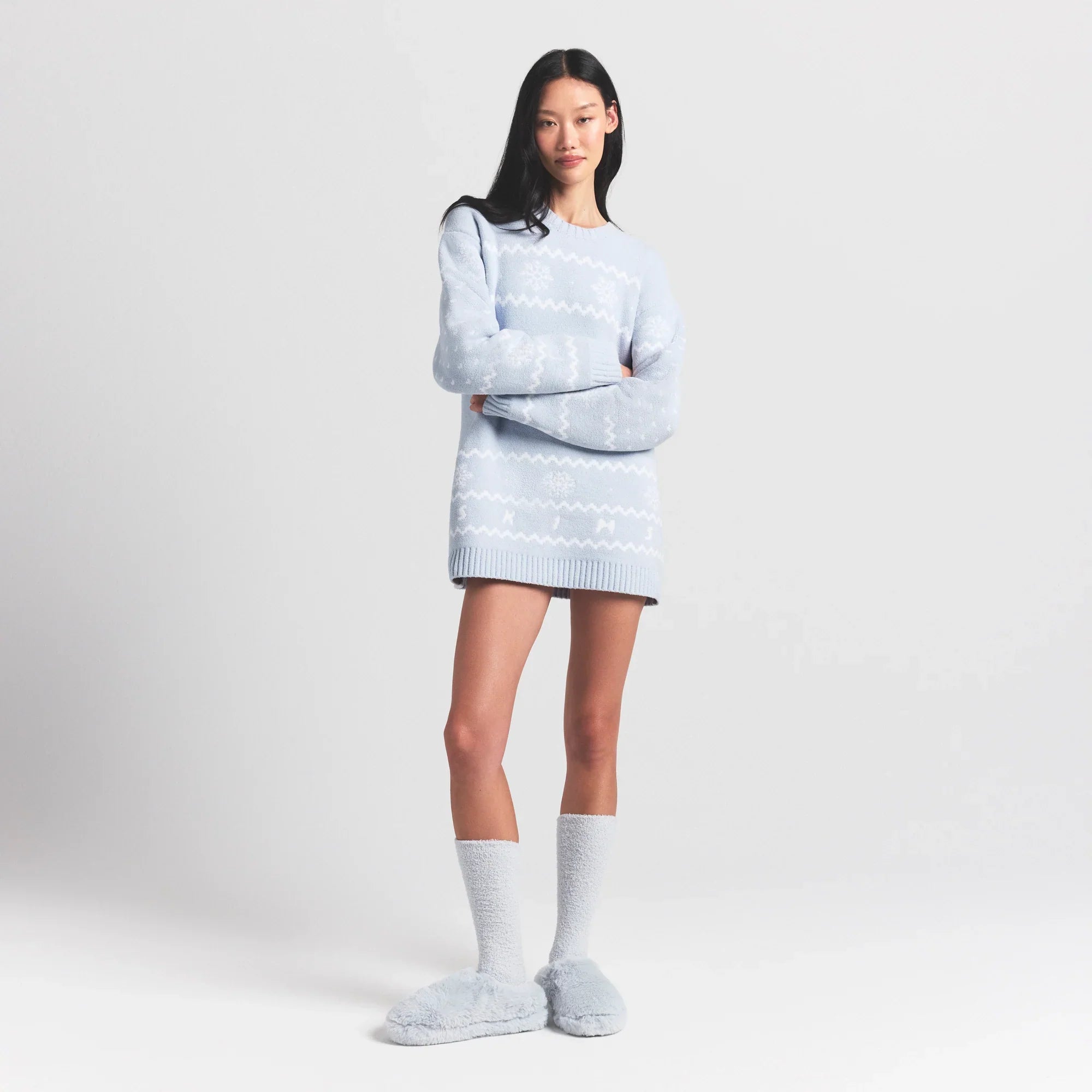 SKIMS COZY LIGHT CREWNECK PULLOVER | ZEN BLUE HEART FAIR ISLE