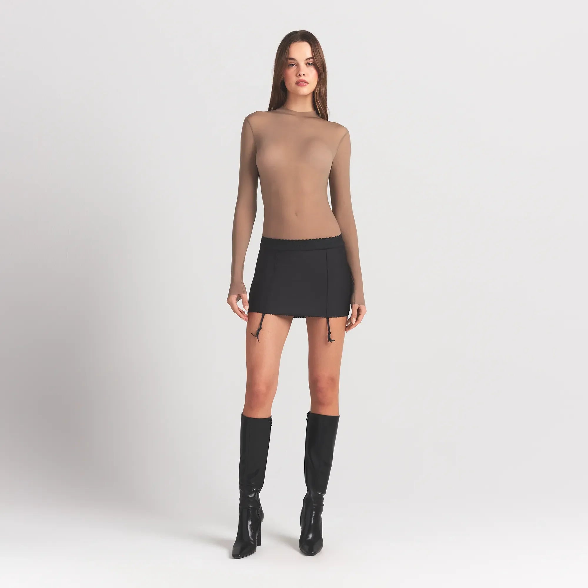 SKIMS MILKY SHEER MOCK NECK LONG SLEEVE BODYSUIT | TRUFFLE
