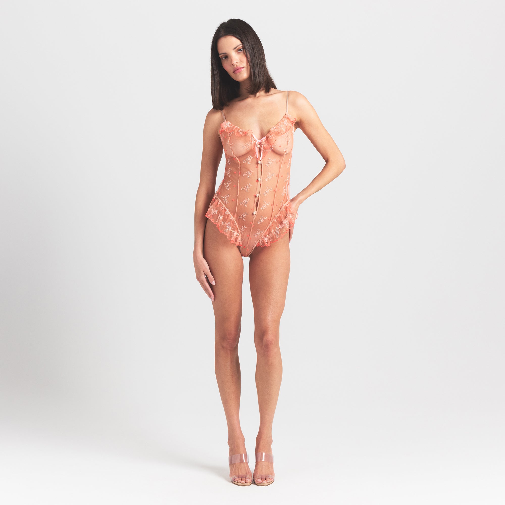 SKIMS EMBROIDERED TULLE GARTER TEDDY | GUAVA HEART TULLE
