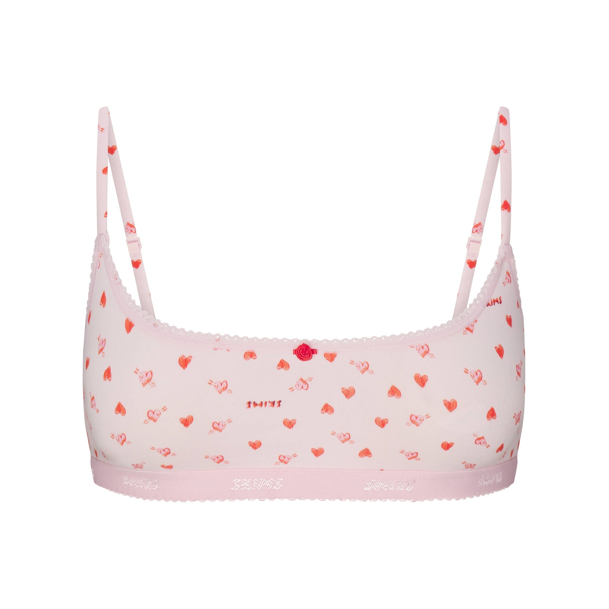 SKIMS LIGHTWEIGHT COTTON LOGO PICOT SCOOP BRALETTE | BABY PINK ARROWED HEARTS