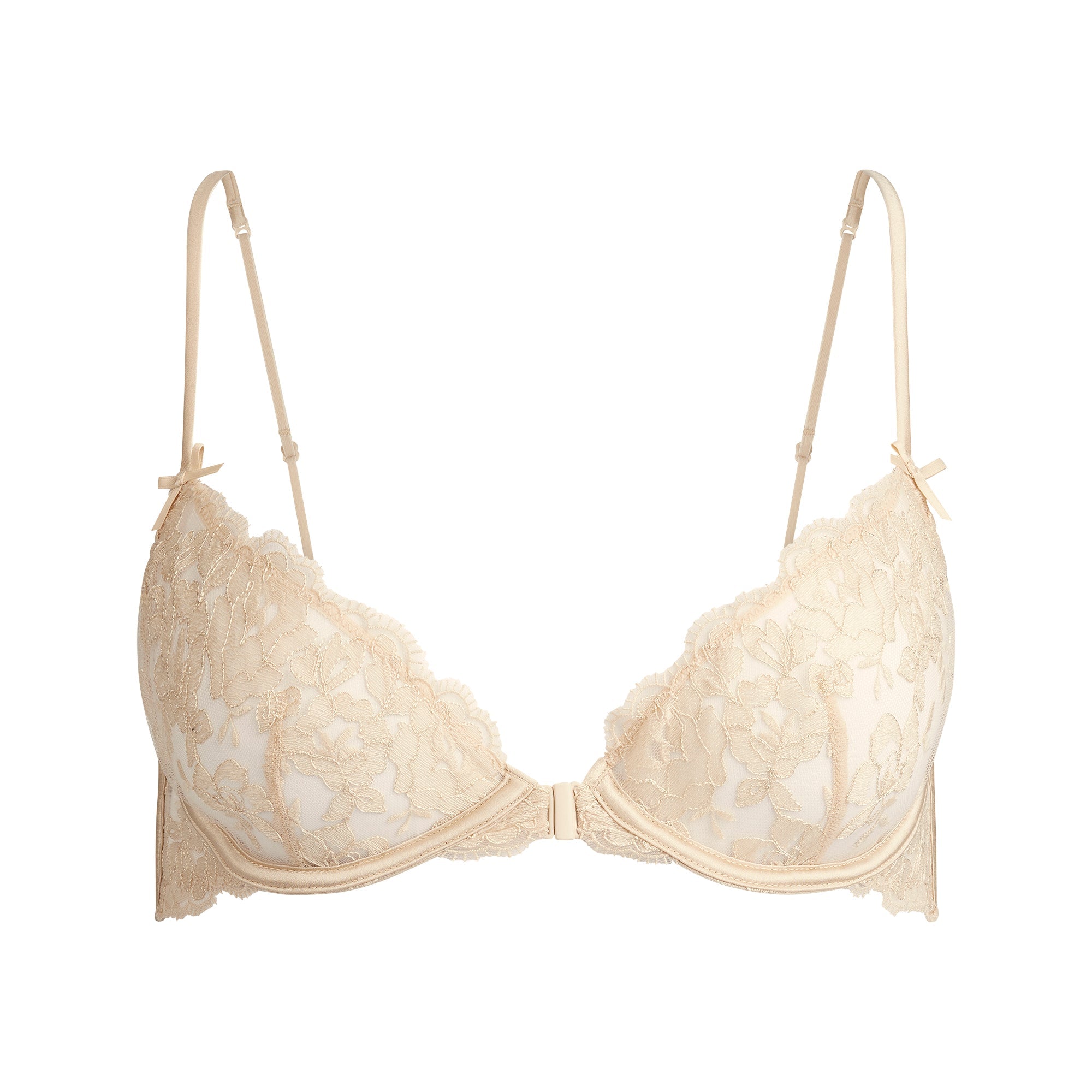 SKIMS EMBROIDERED LINGERIE FRONT CLOSE UNLINED BRA | CHAMPAGNE